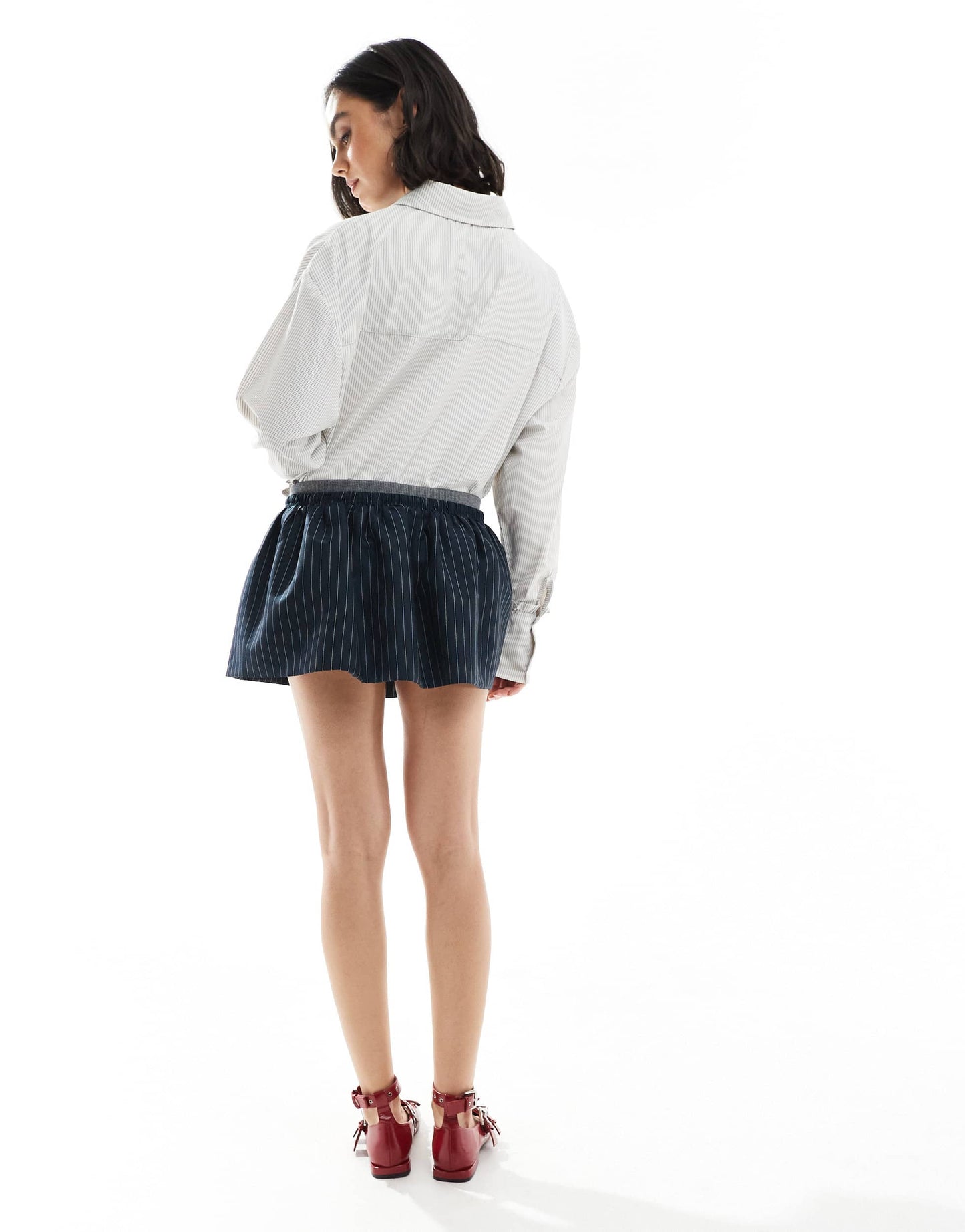 Bershka double waistband skater mini skirt in blue pinstripe