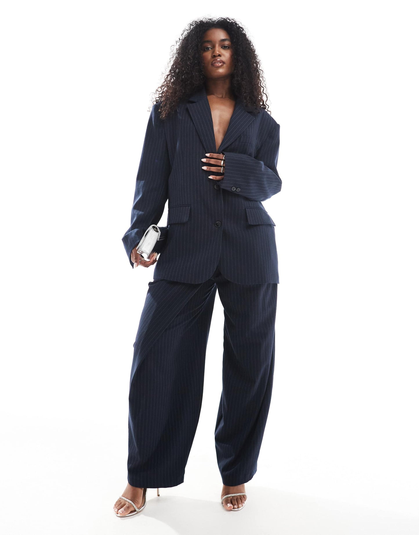 Bershka ultra oversized blazer co-ord in navy stripe