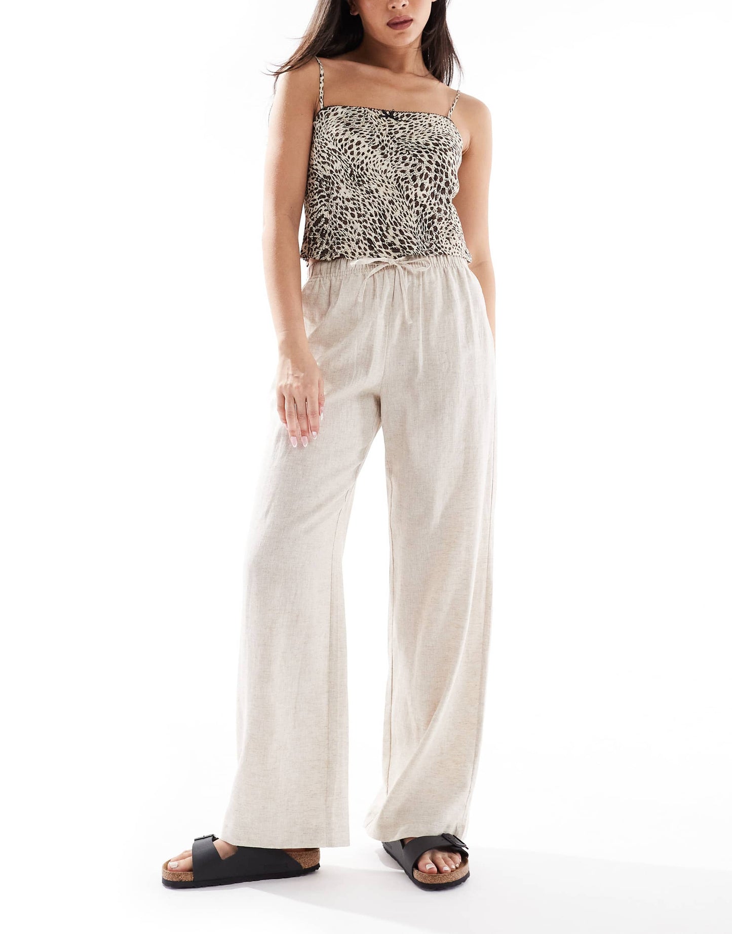 Bershka tie waist wide leg linen rich trousers in sand