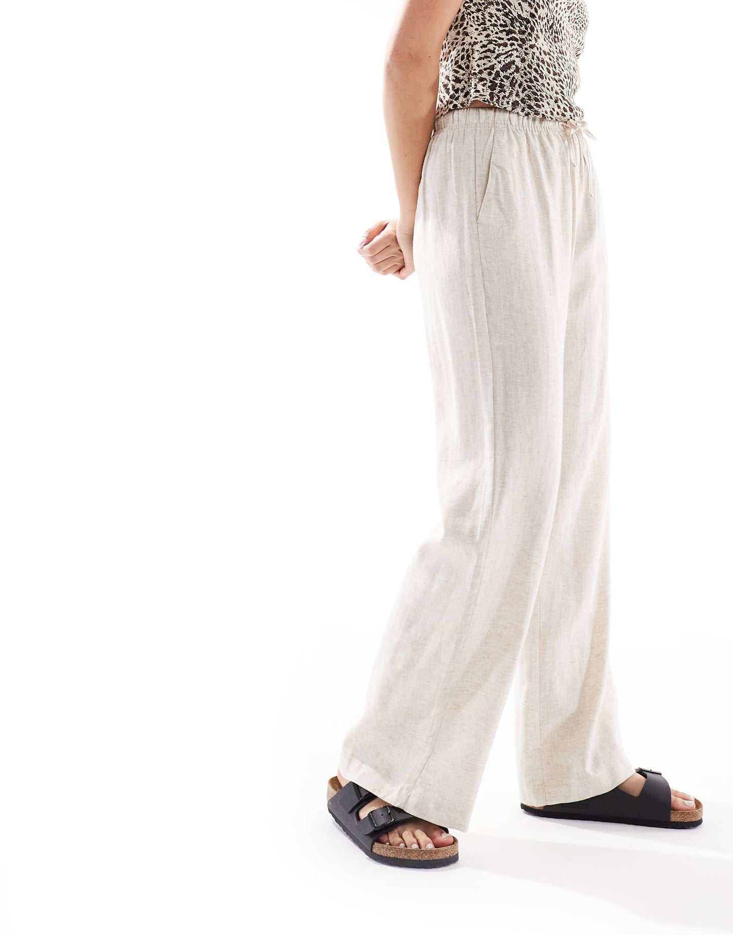 Bershka tie waist wide leg linen rich trousers in sand