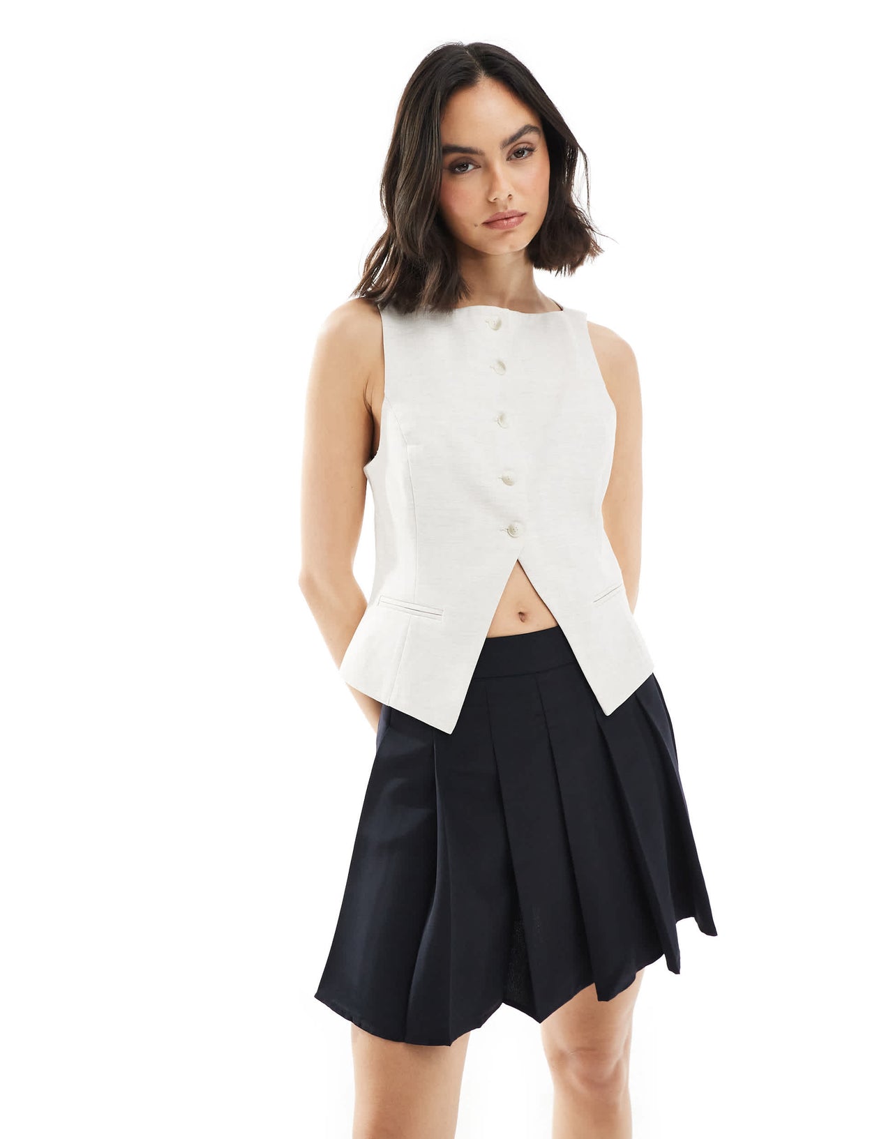 Bershka round neck waistcoat in ecru