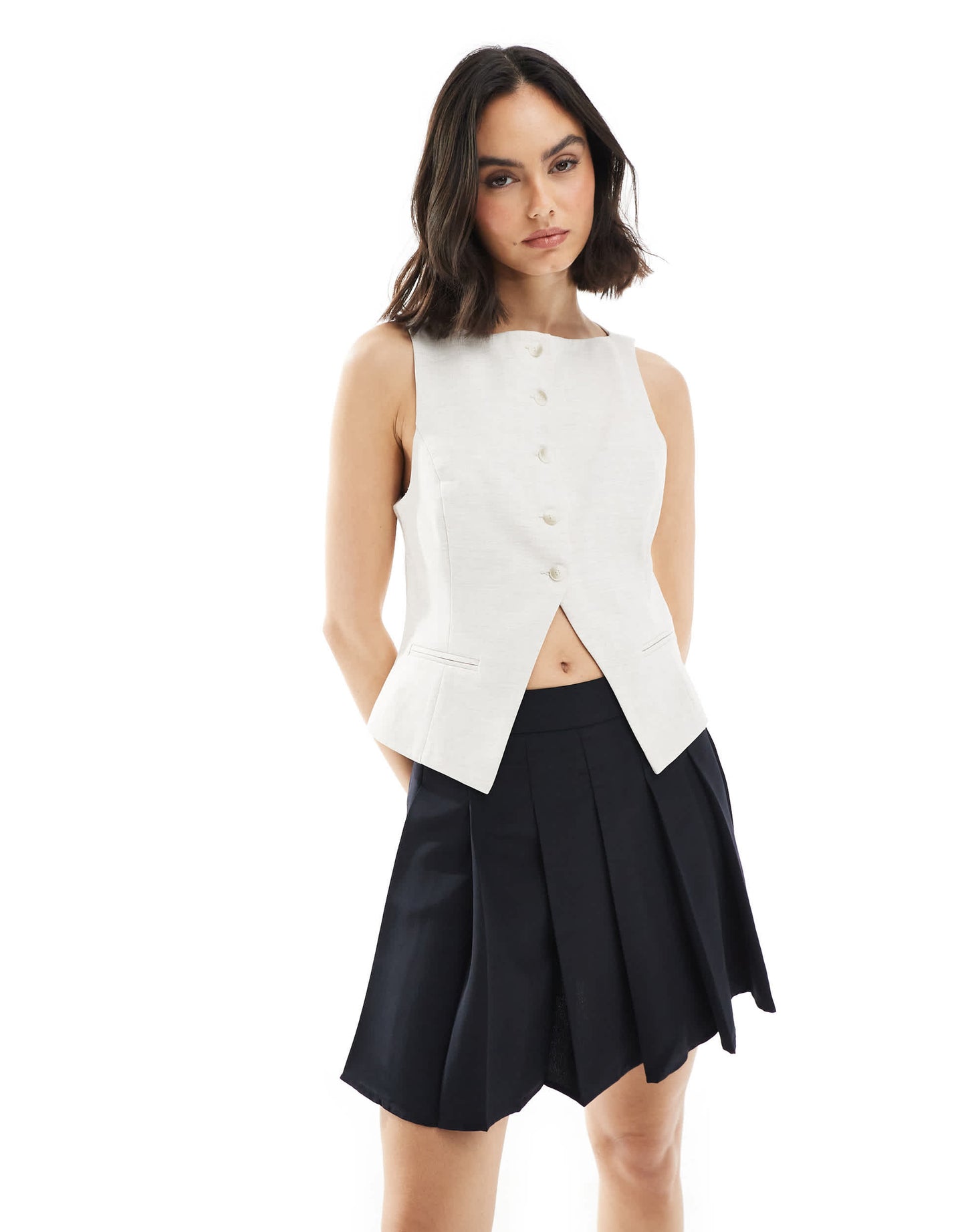 Bershka round neck waistcoat in ecru