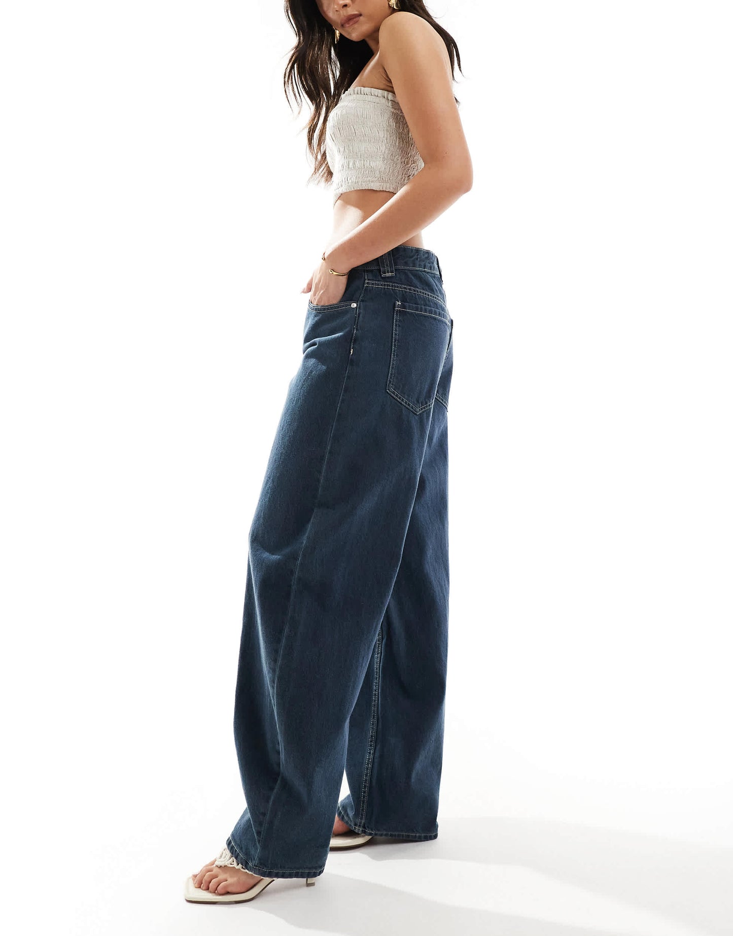 Bershka baggy balloon leg jeans in dark blue