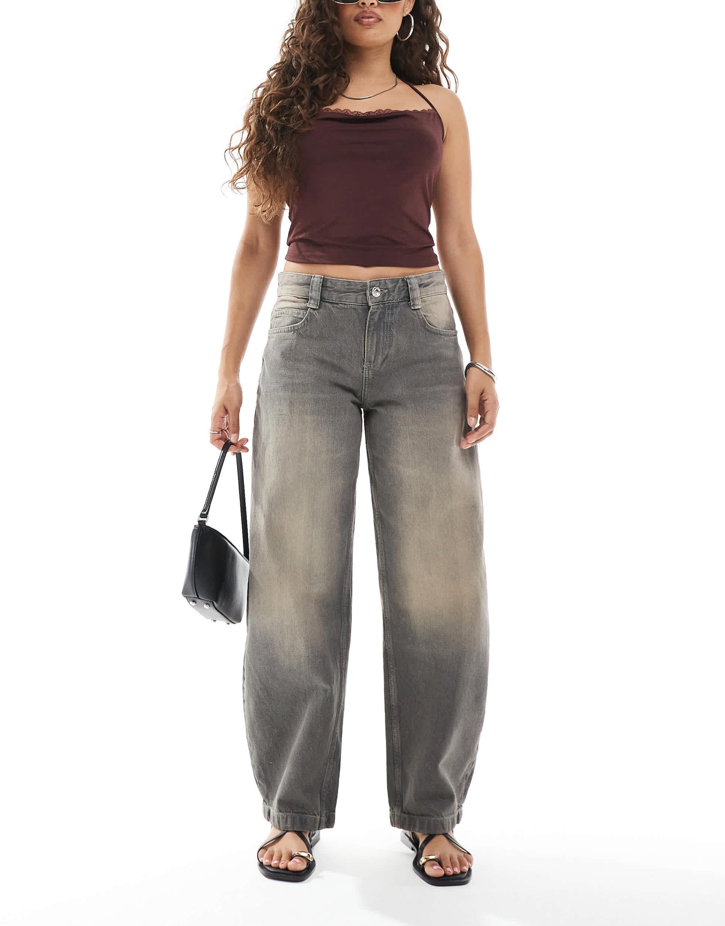 Bershka Petite slouchy baggy jeans in washed grey