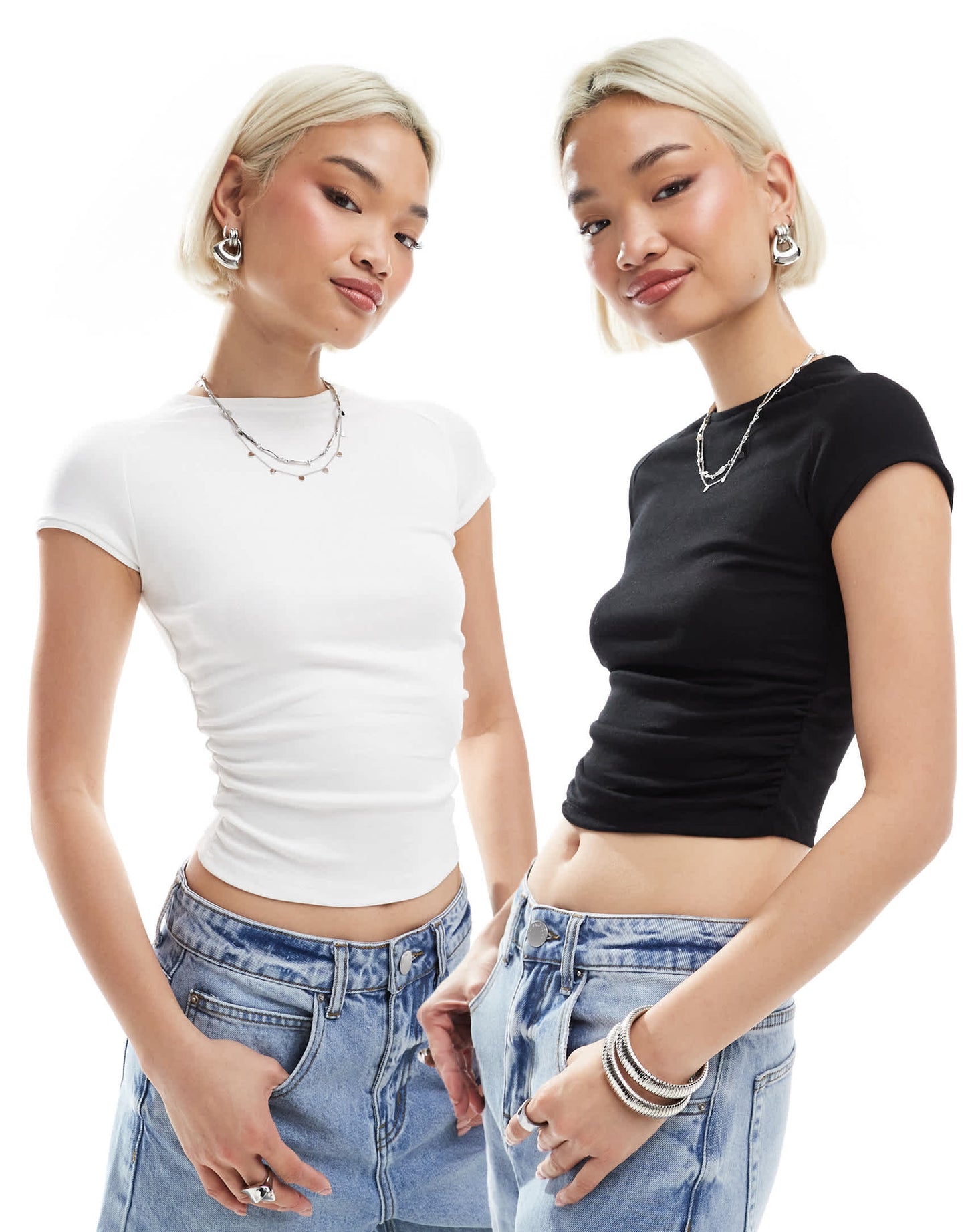 Bershka ruched side baby tee two pack in black and white