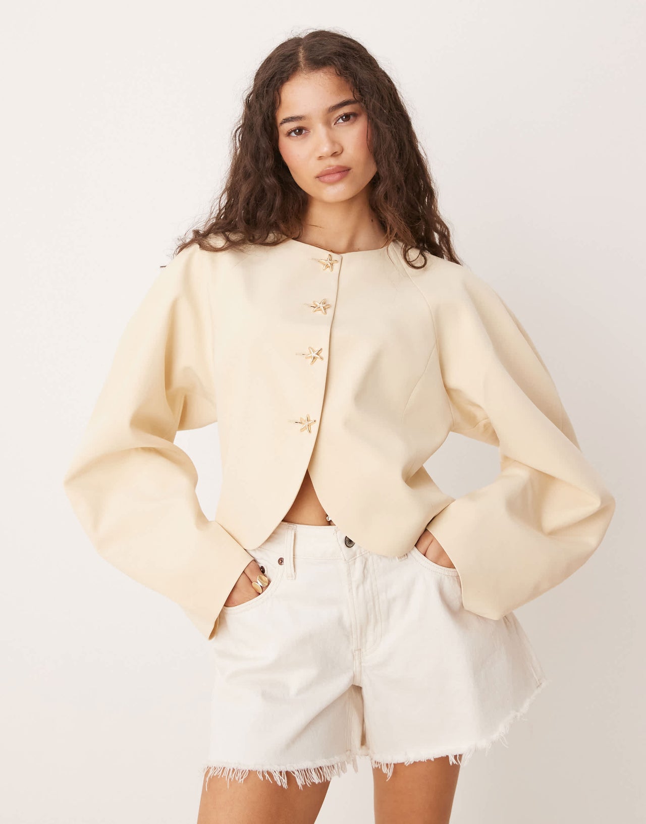 ASOS DESIGN high neck cocoon sleeve blazer with gold starfish buttons in buttermilk