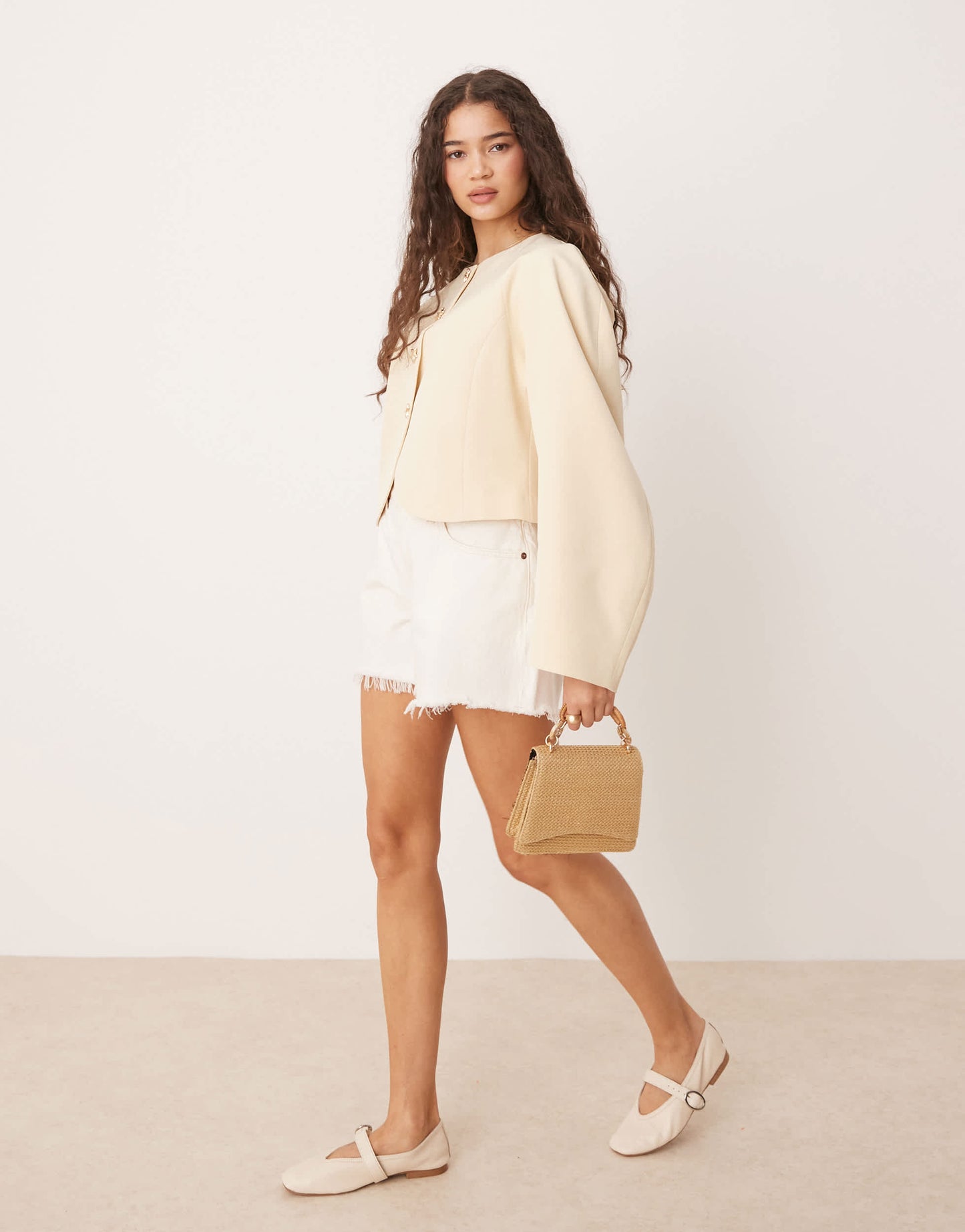 ASOS DESIGN high neck cocoon sleeve blazer with gold starfish buttons in buttermilk
