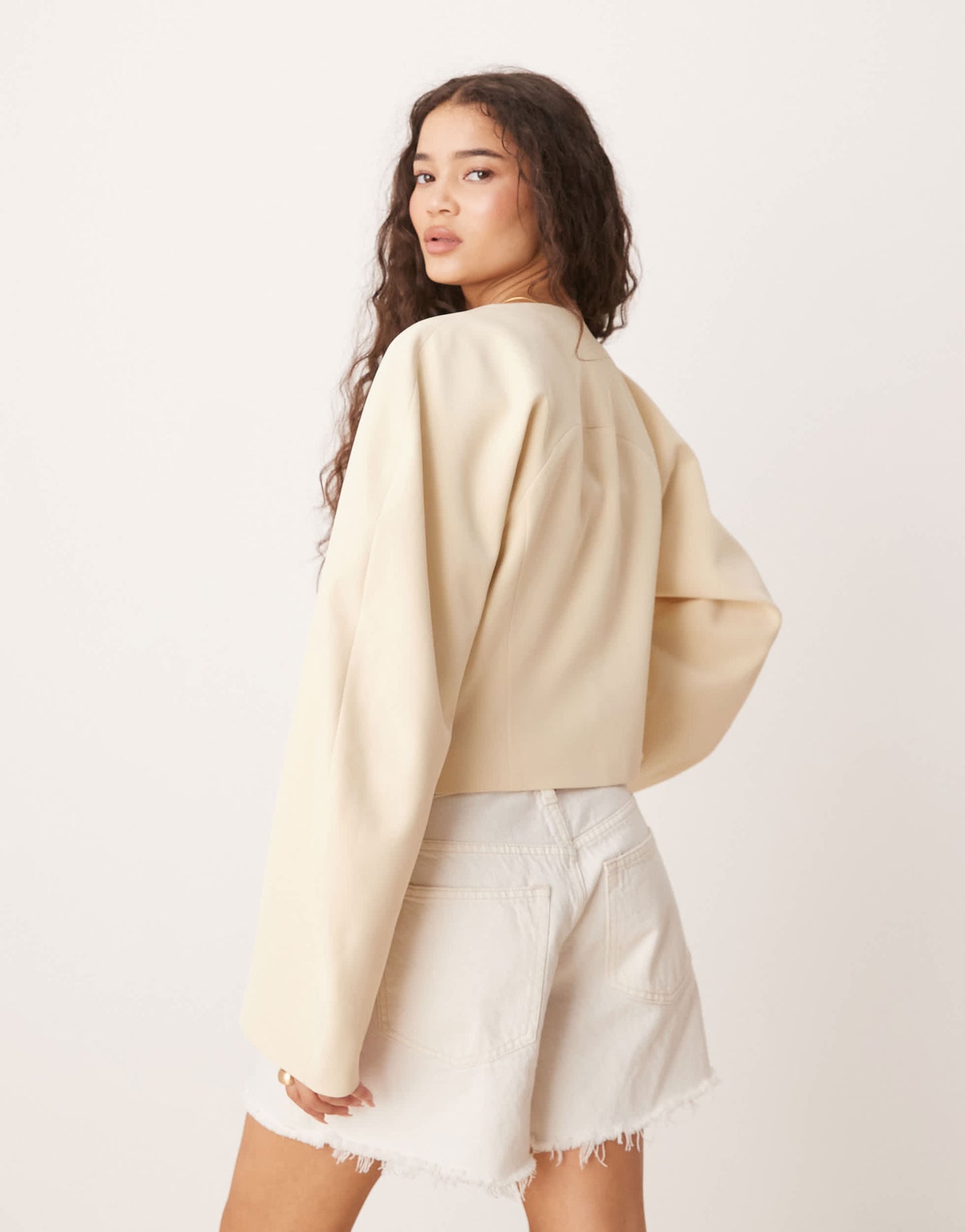 ASOS DESIGN high neck cocoon sleeve blazer with gold starfish buttons in buttermilk