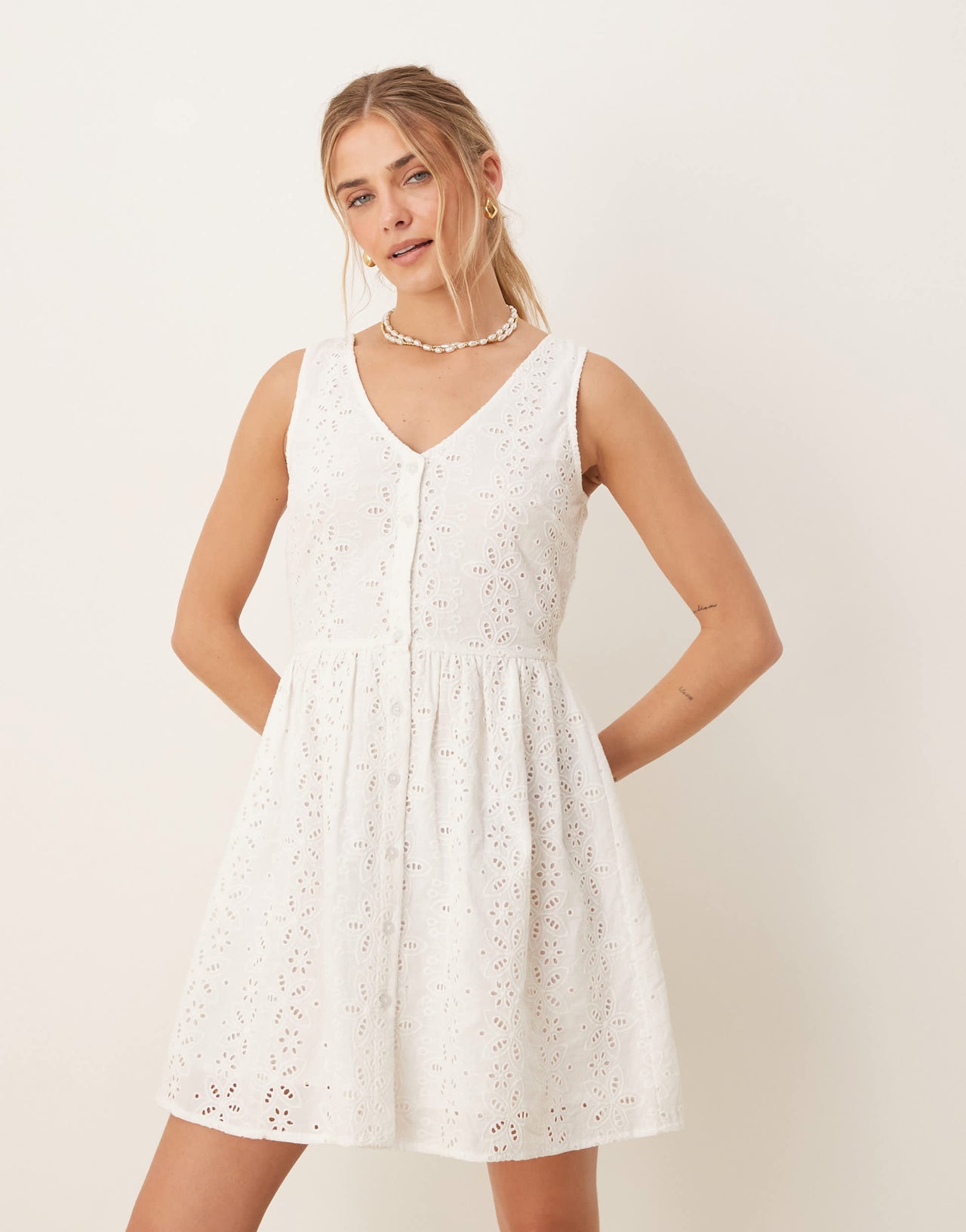 Brave Soul broderie mini dress in white