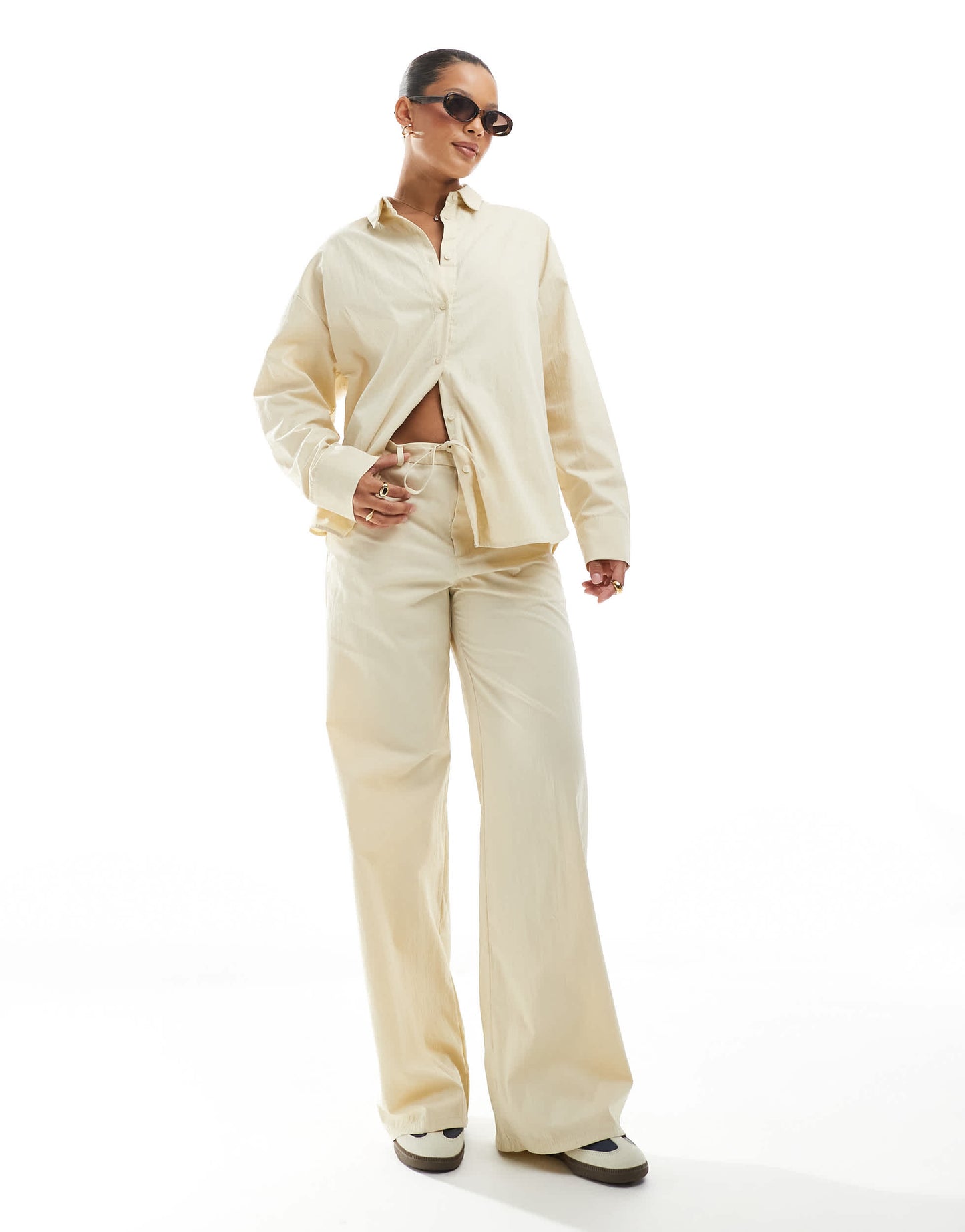 Pull&Bear tie waist wide leg trouser co-ord in cream