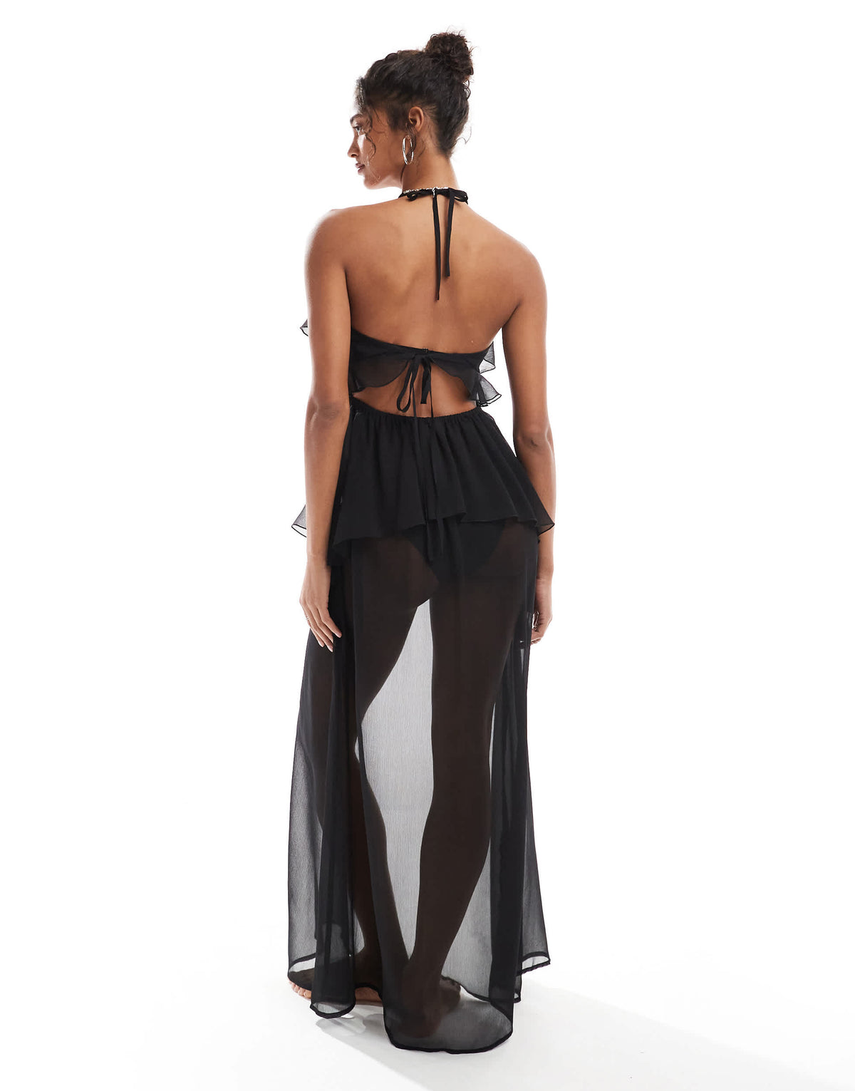 Miss Selfridge beach ruffle chiffon maxi dress in black