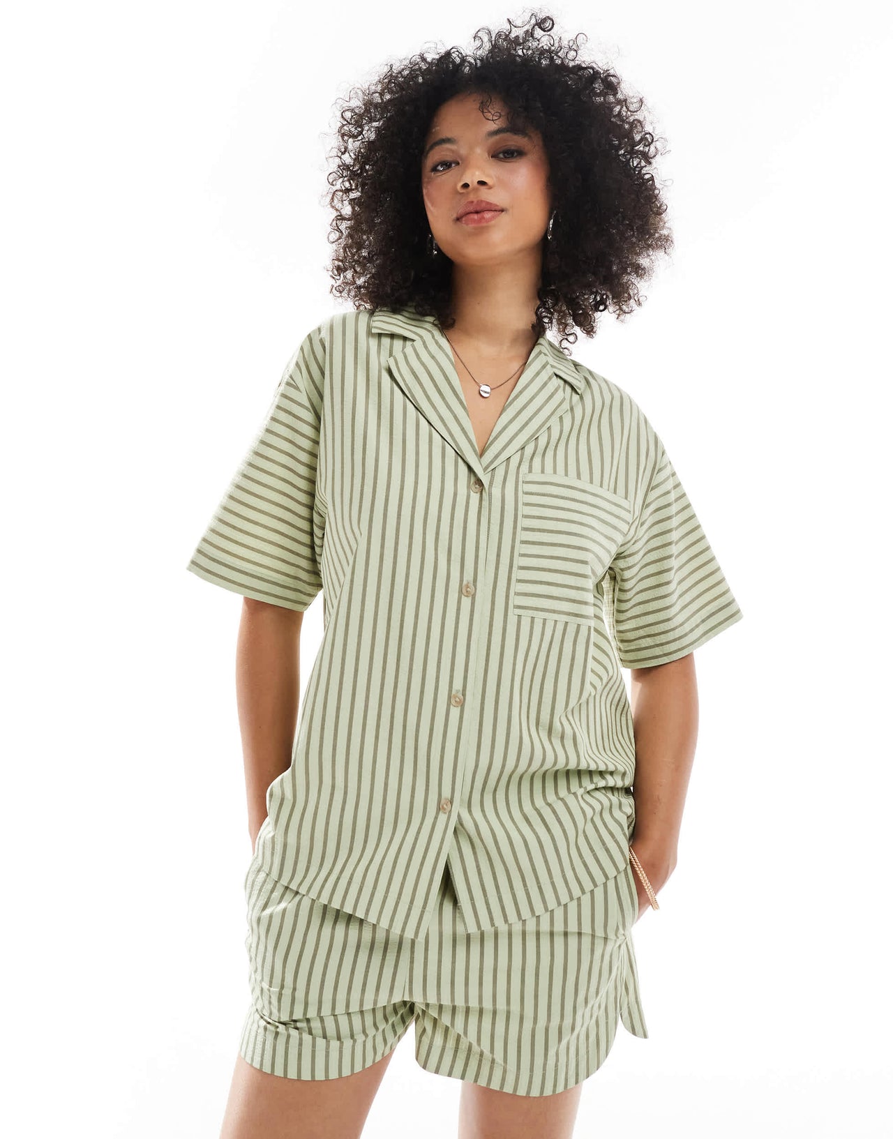 ASOS DESIGN seersucker shirt co-ord in khaki stripe