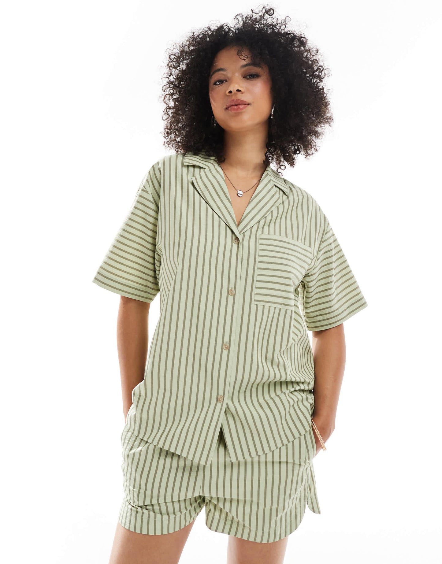 ASOS DESIGN seersucker shirt co-ord in khaki stripe
