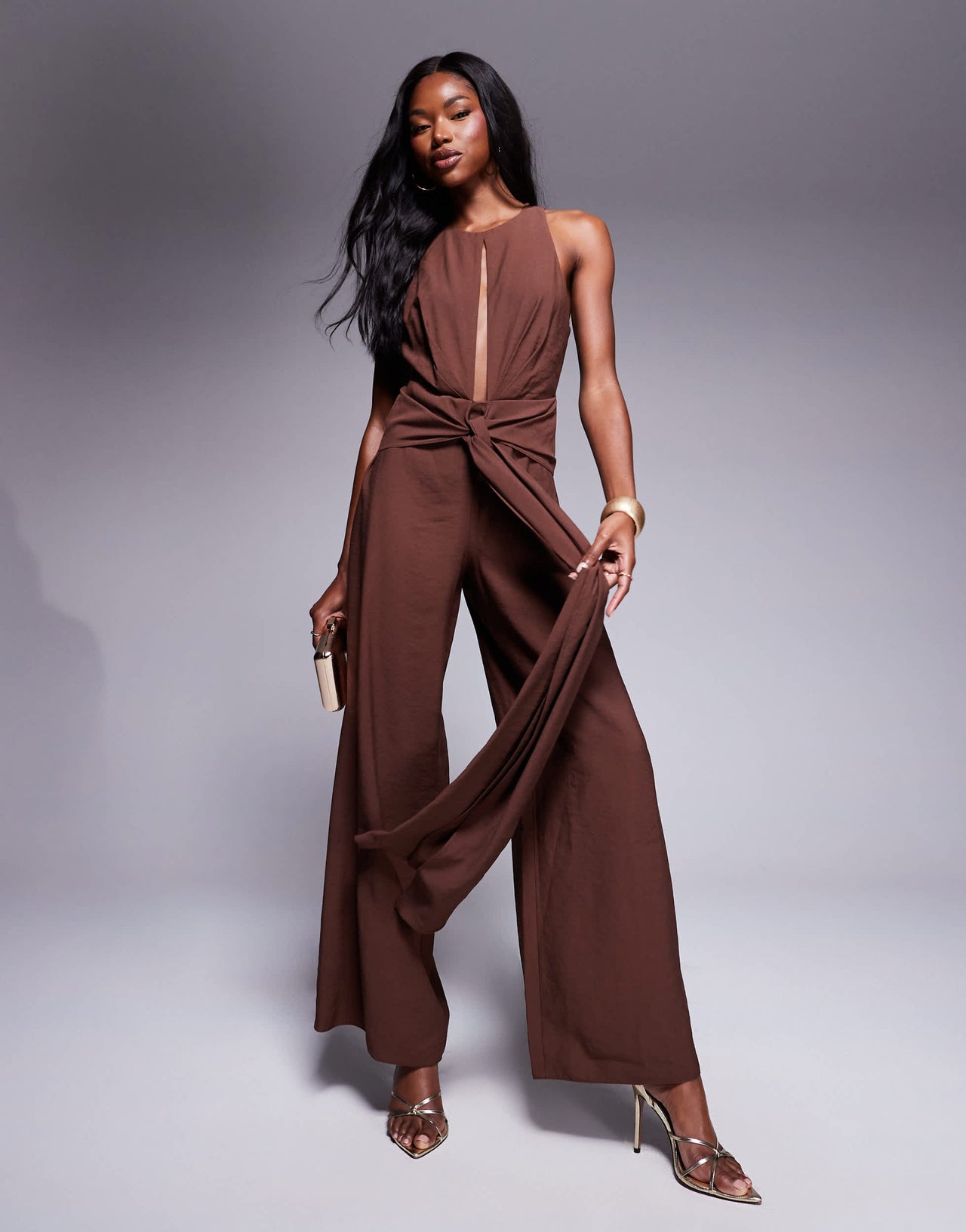 ASOS DESIGN high neck jumpsuit with tie detail in chocolate