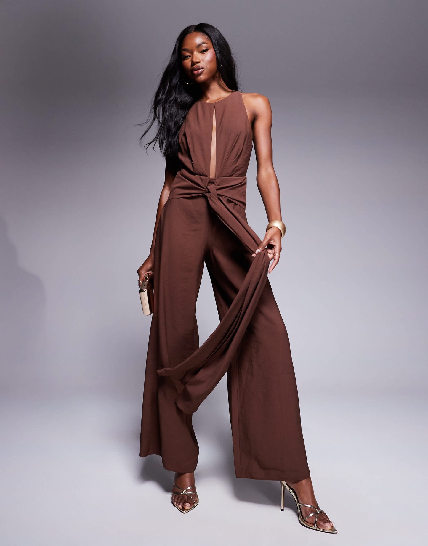 ASOS DESIGN high neck jumpsuit with tie detail in chocolate