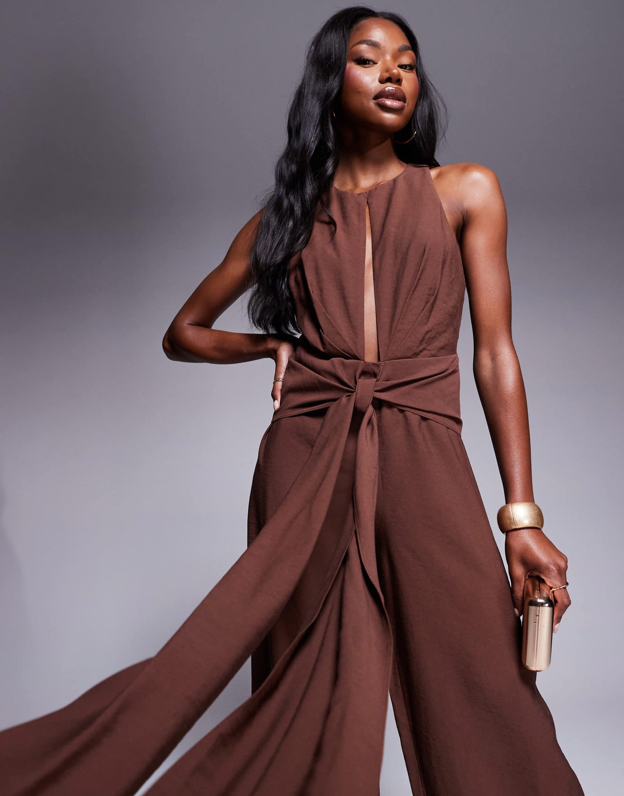 ASOS DESIGN high neck jumpsuit with tie detail in chocolate