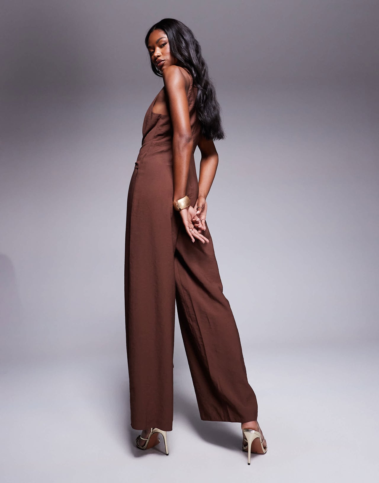 ASOS DESIGN high neck jumpsuit with tie detail in chocolate