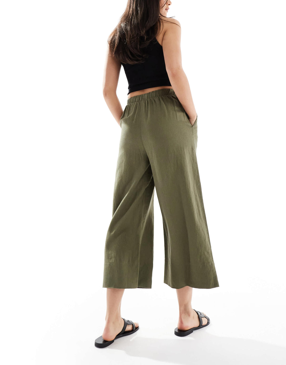 New Look linen cropped trousers in khaki