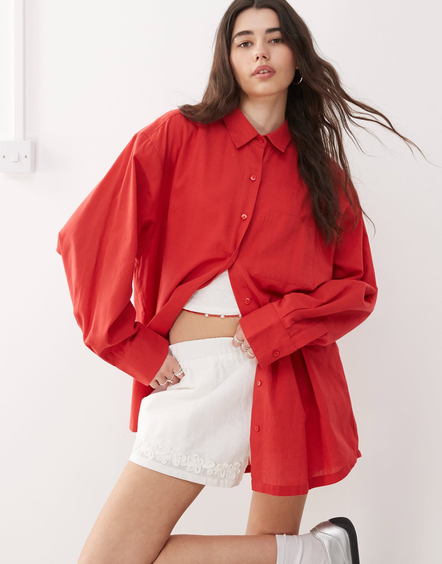 COLLUSION oversized linen look shirt in red