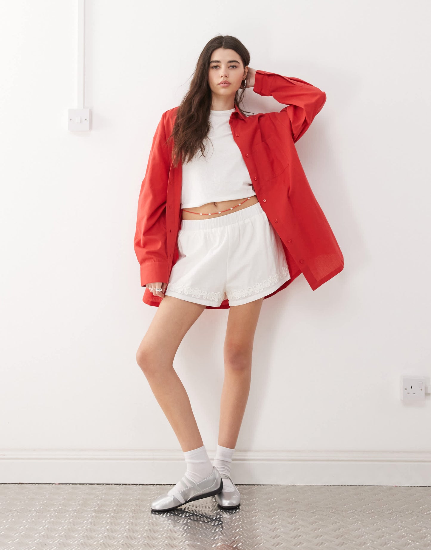 COLLUSION oversized linen look shirt in red