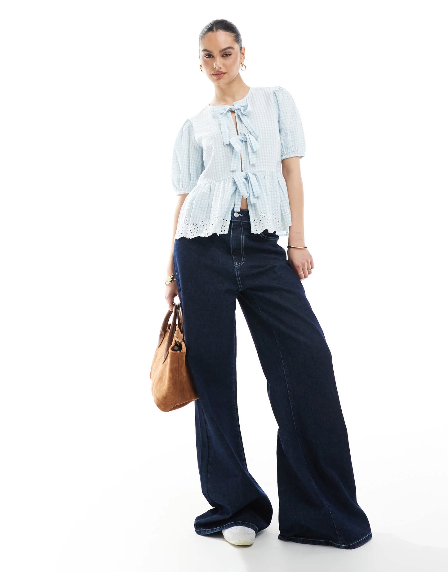 New Look tie front gingham top in blue