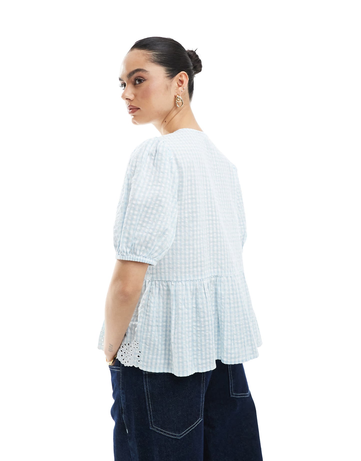 New Look tie front gingham top in blue