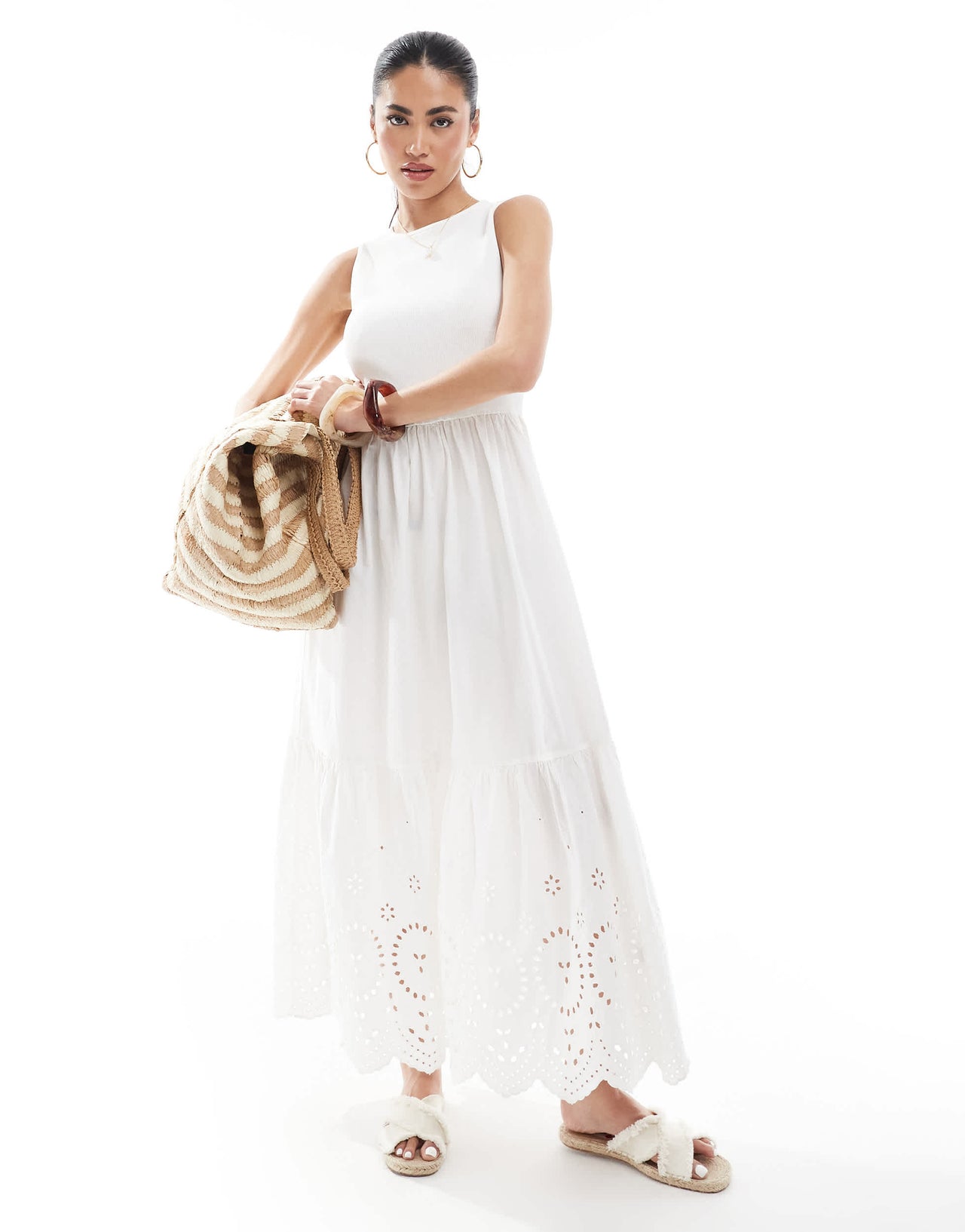 New Look ribbed racer embroidered midi dress in white