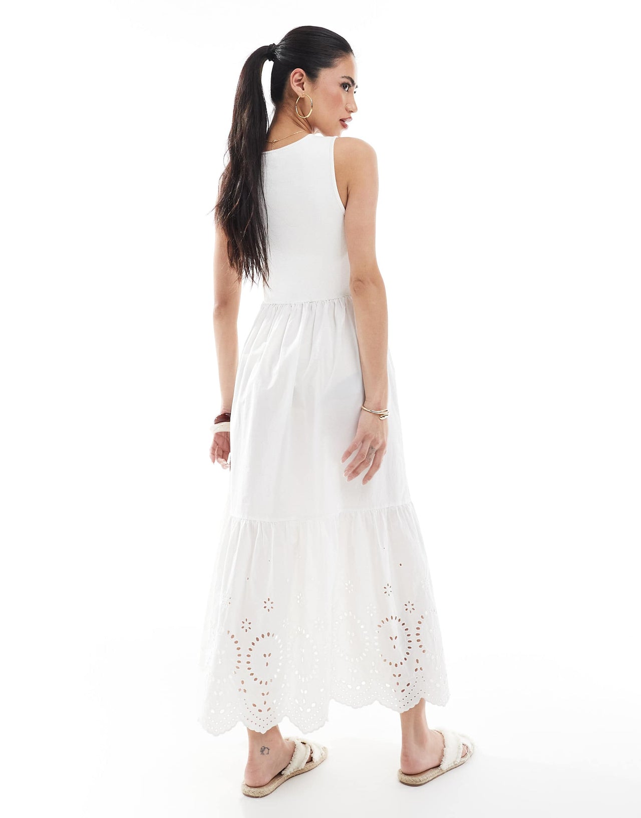 New Look ribbed racer embroidered midi dress in white