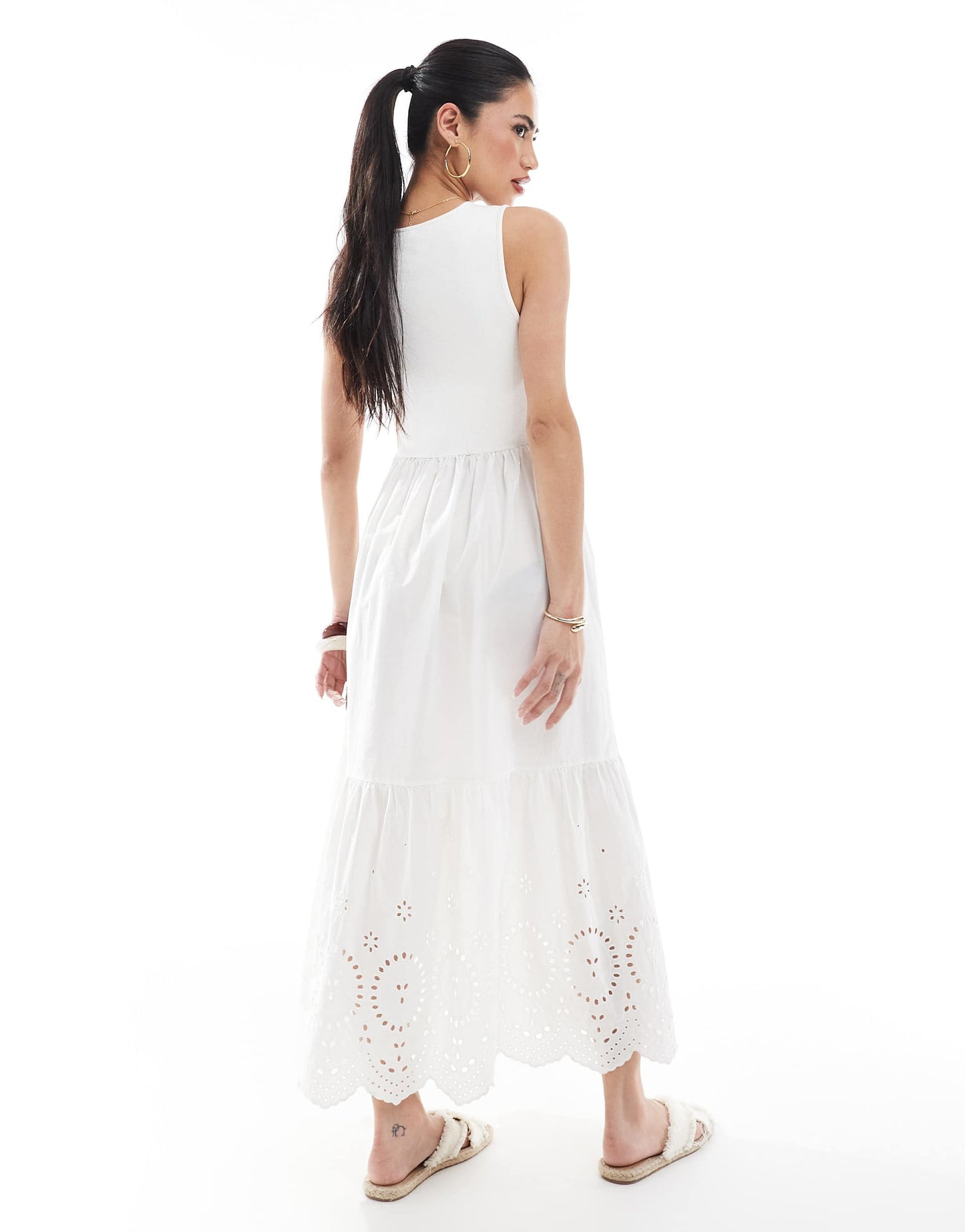 New Look ribbed racer embroidered midi dress in white