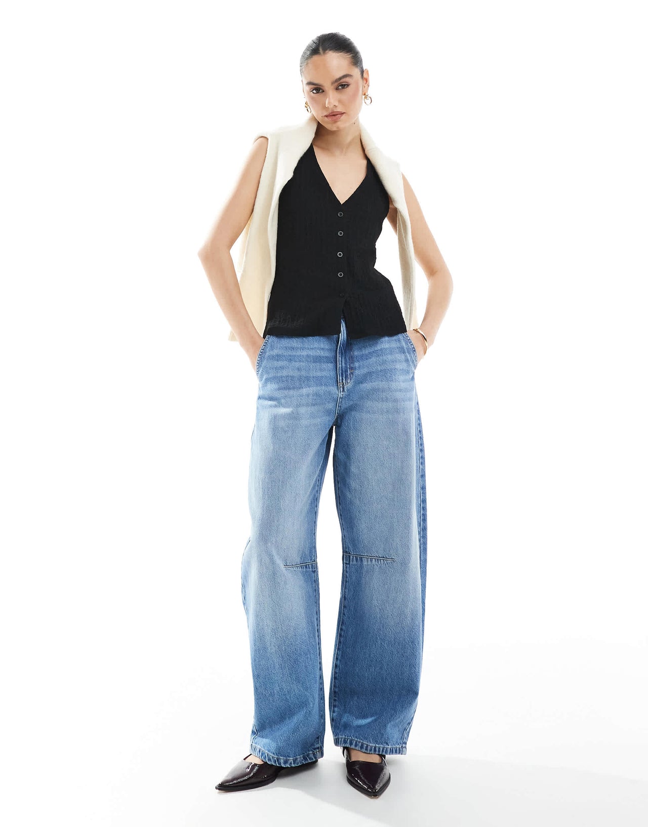 New Look crinkle jersey button front waistcoat in black
