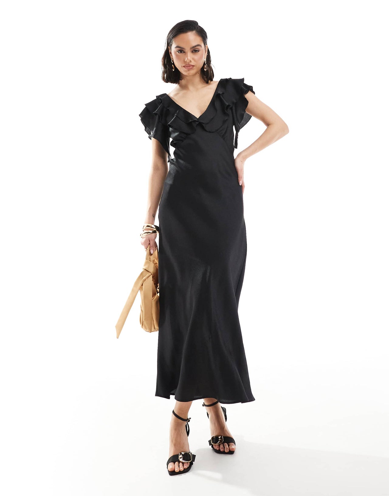 New Look ruffle sleeve satin midi dress in black