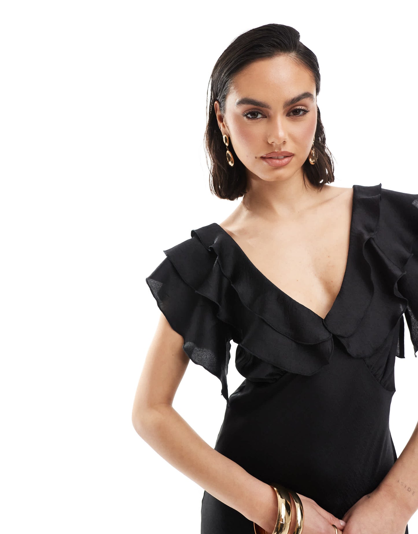 New Look ruffle sleeve satin midi dress in black