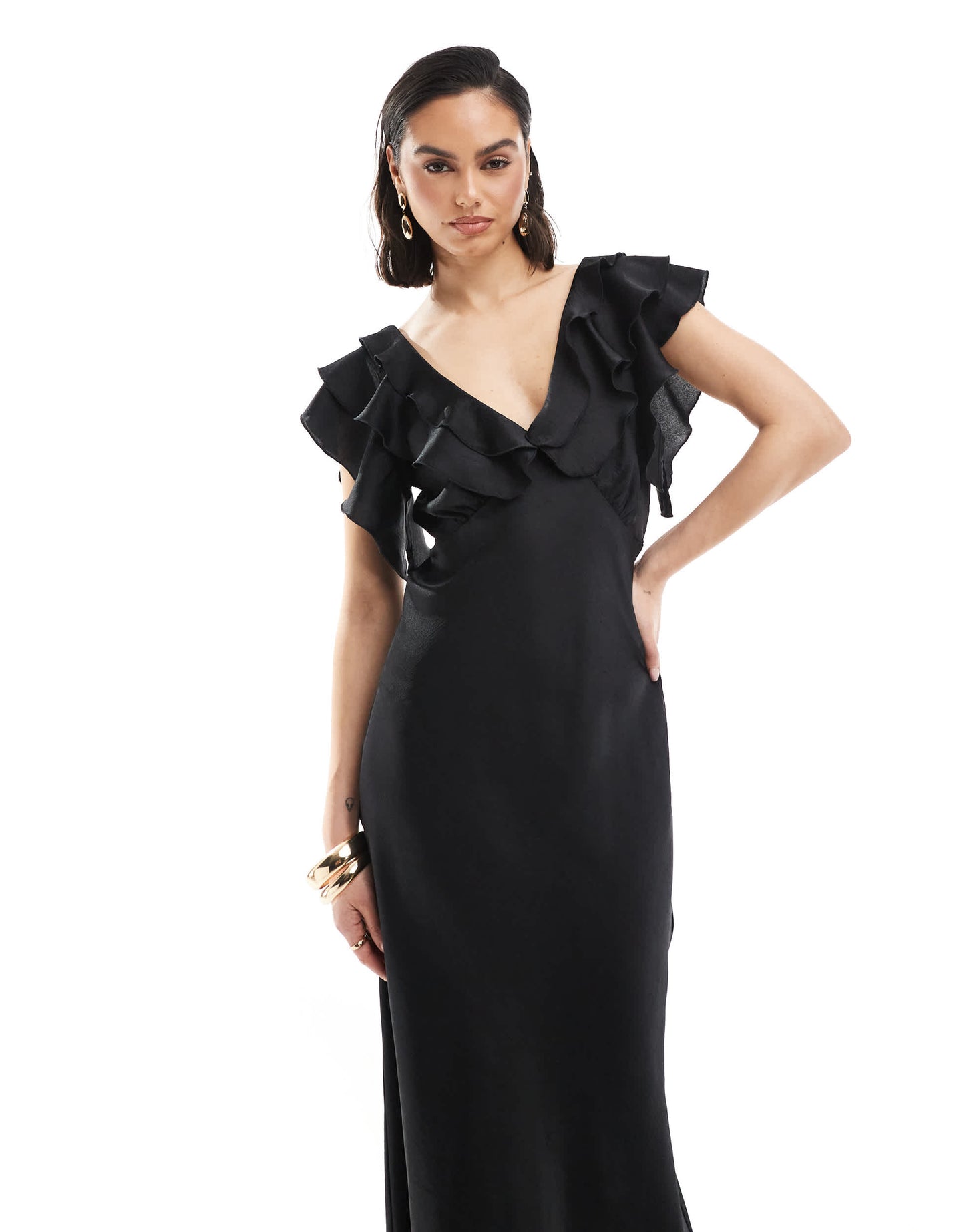 New Look ruffle sleeve satin midi dress in black