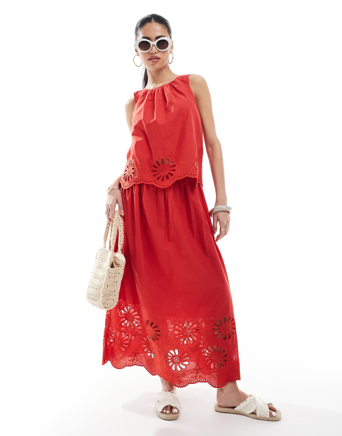 New Look co-ord embroidered hem midi skirt in red