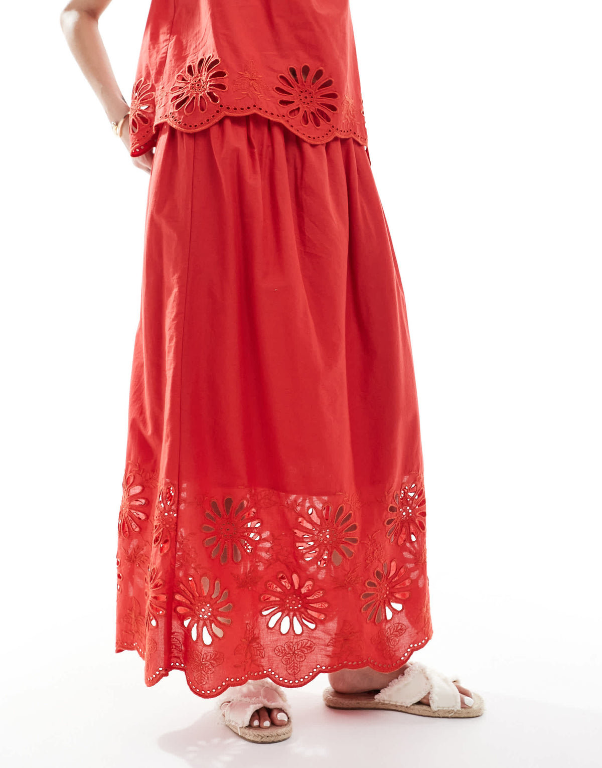 New Look co-ord embroidered hem midi skirt in red