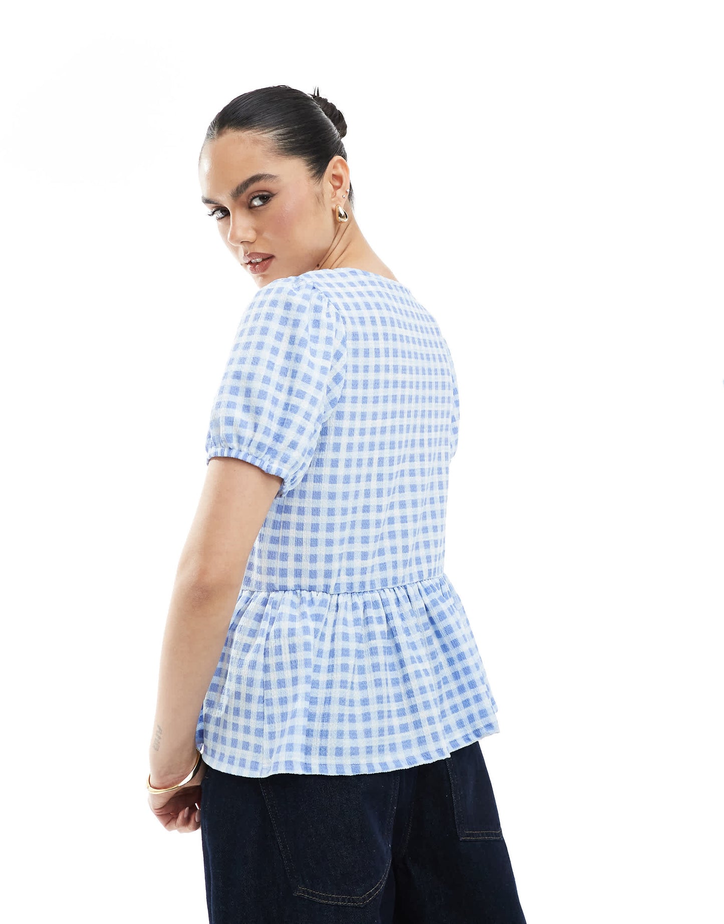 New Look tie front peplum top in blue gingham