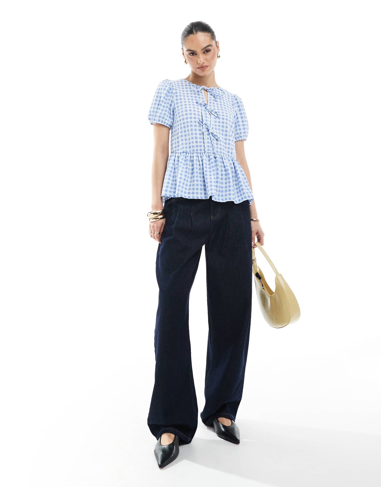 New Look tie front peplum top in blue gingham