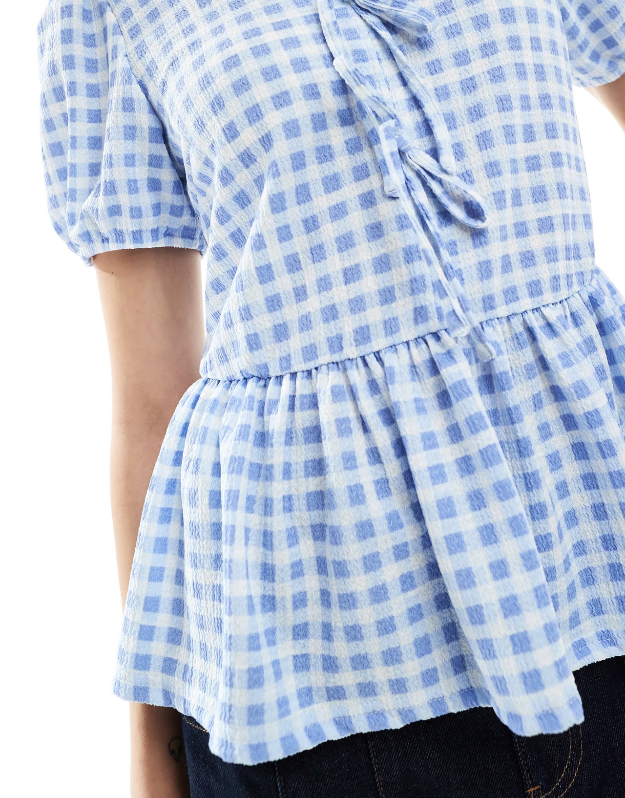 New Look tie front peplum top in blue gingham