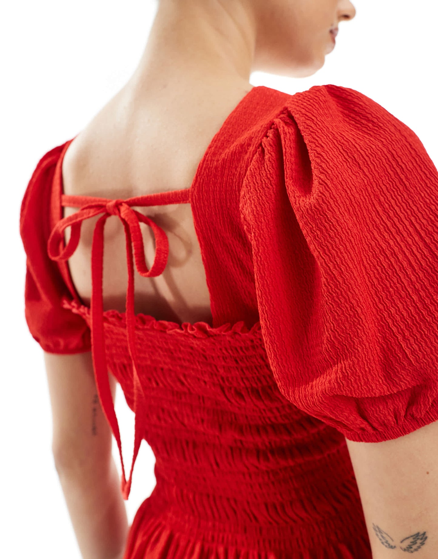 New Look shirred bodice puff sleeve top in red