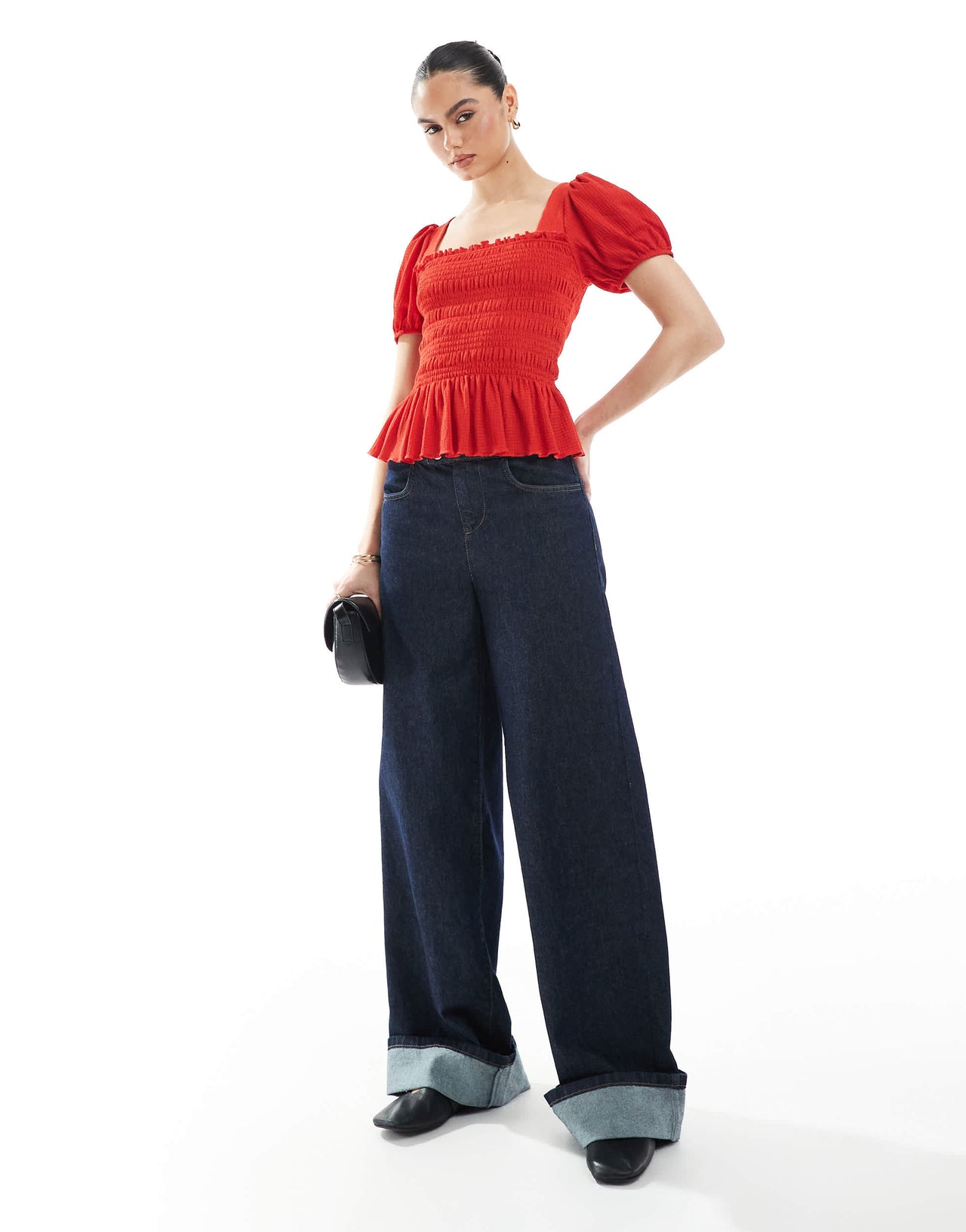 New Look shirred bodice puff sleeve top in red