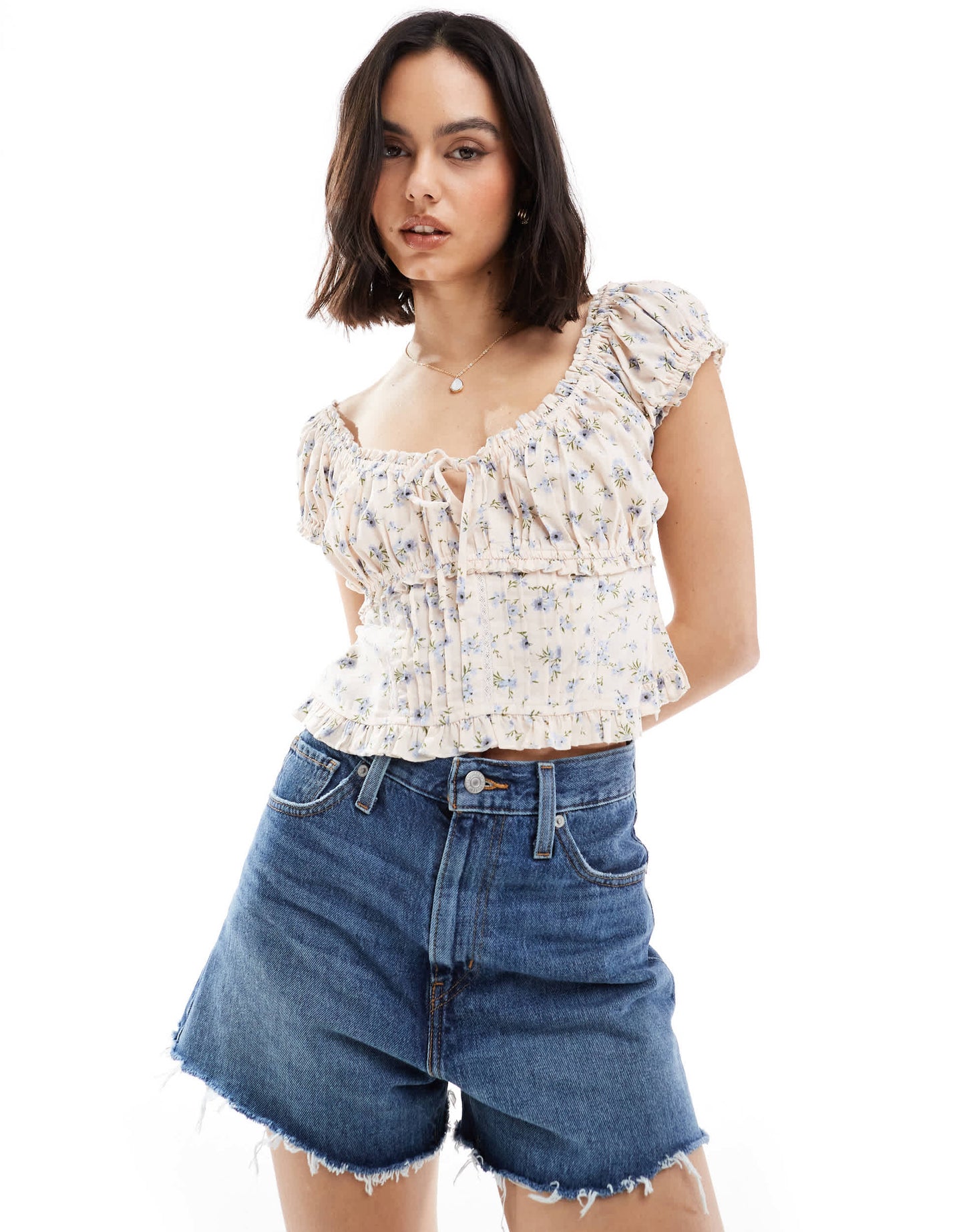 New Look tie front pintuck milkmaid top in floral print