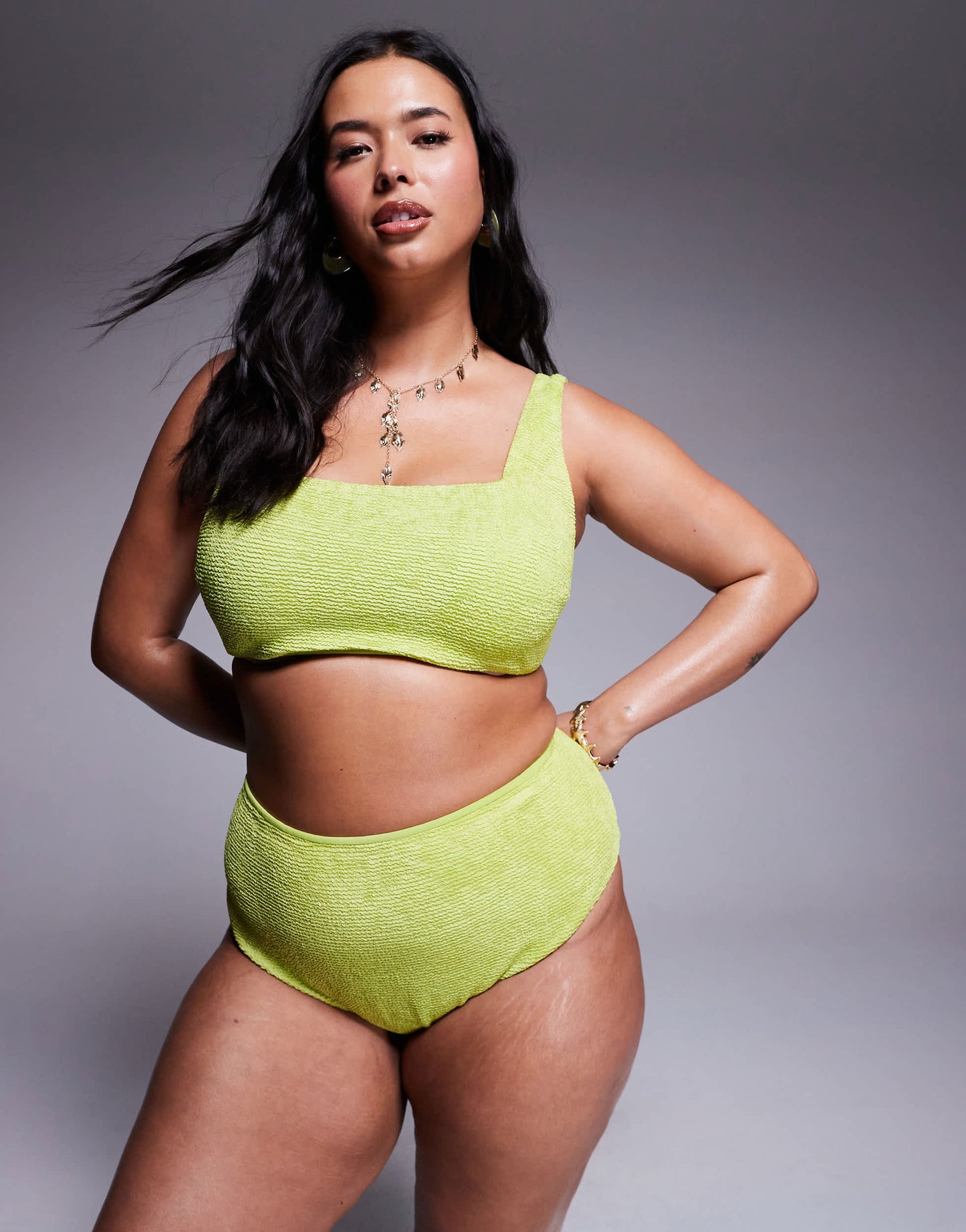 ASOS DESIGN Curve Bella textured  high waist high leg bikini bottom in bright chartreuse