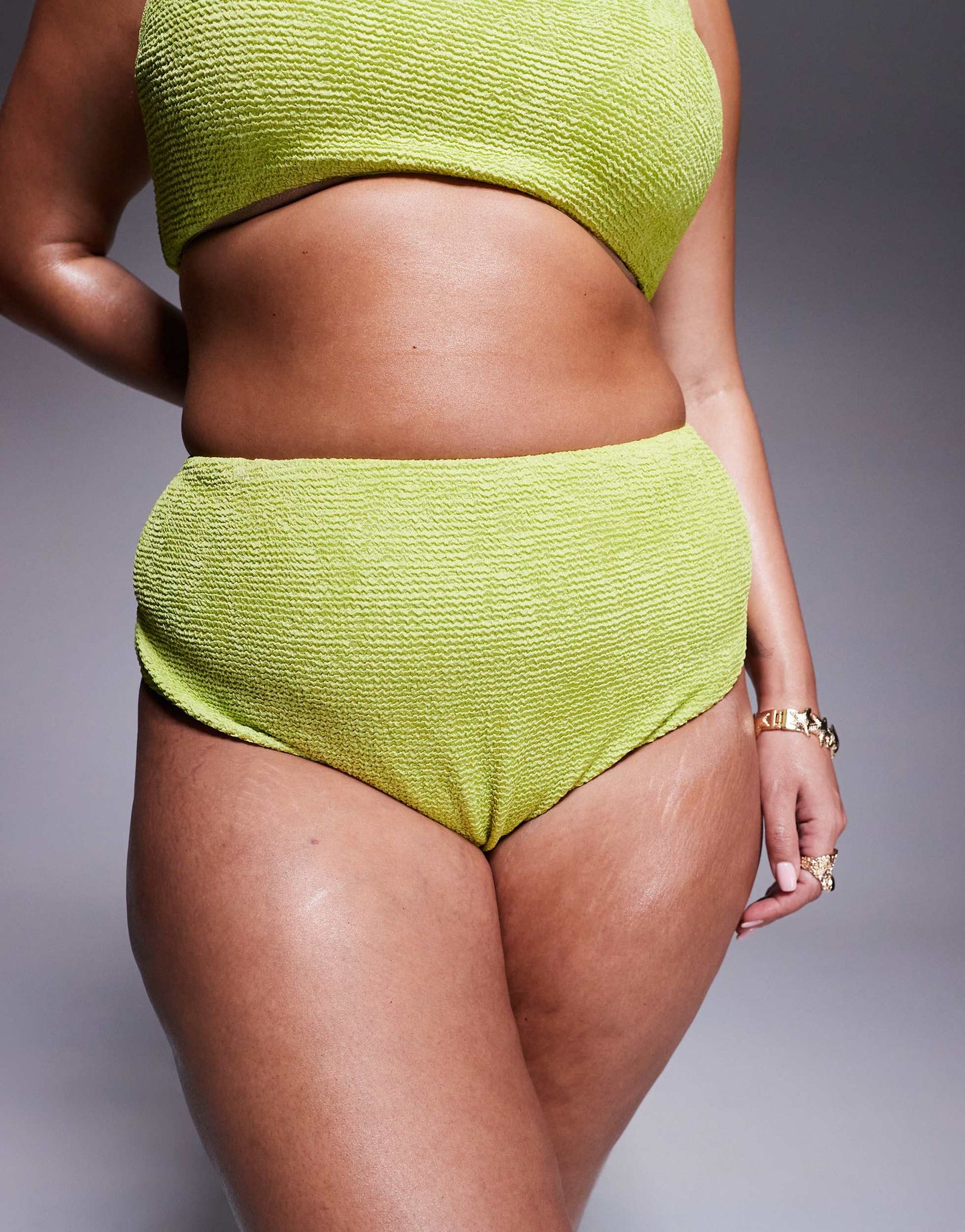 ASOS DESIGN Curve Bella textured  high waist high leg bikini bottom in bright chartreuse