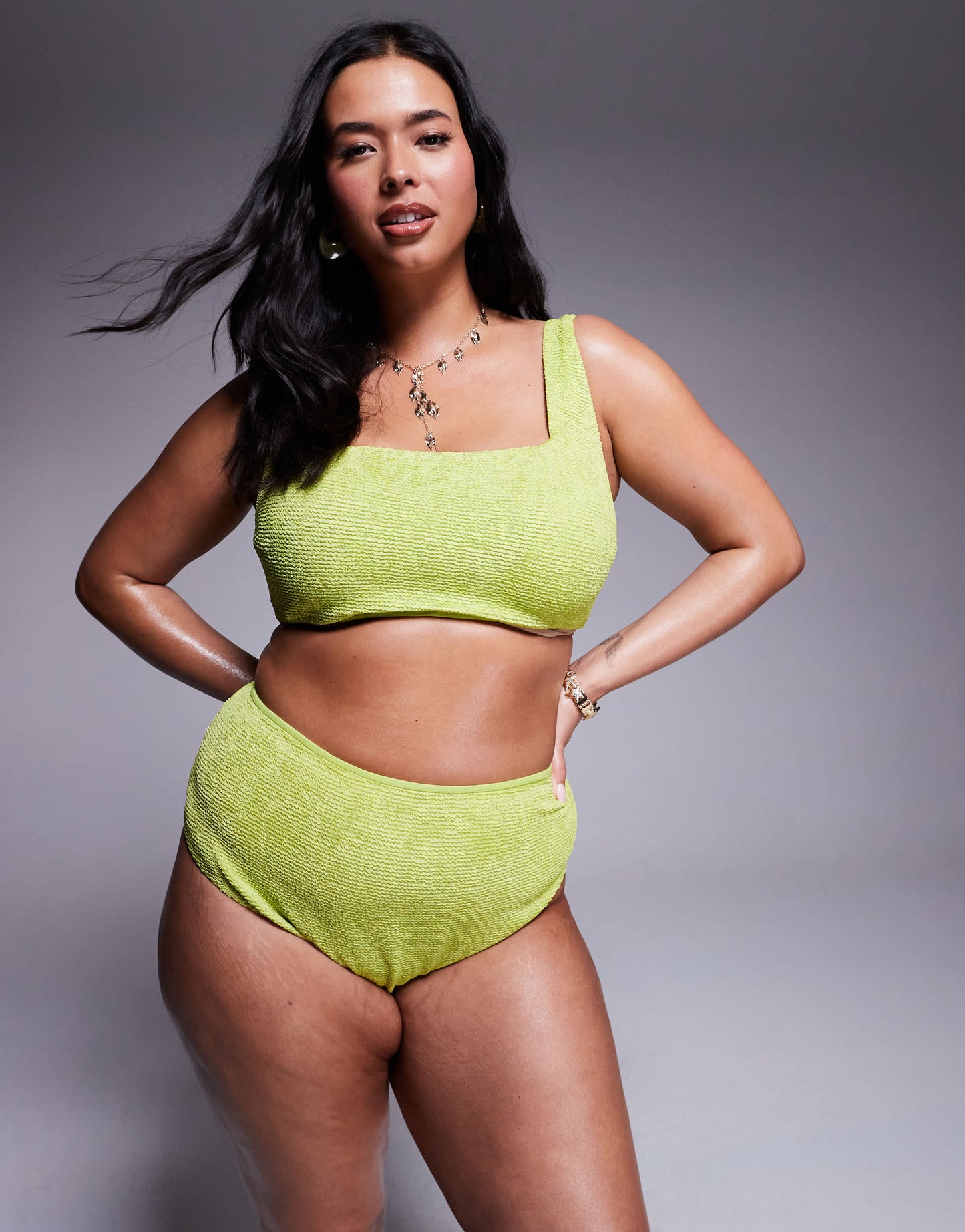 ASOS DESIGN Curve Bella textured bikini top in bright chartreuse