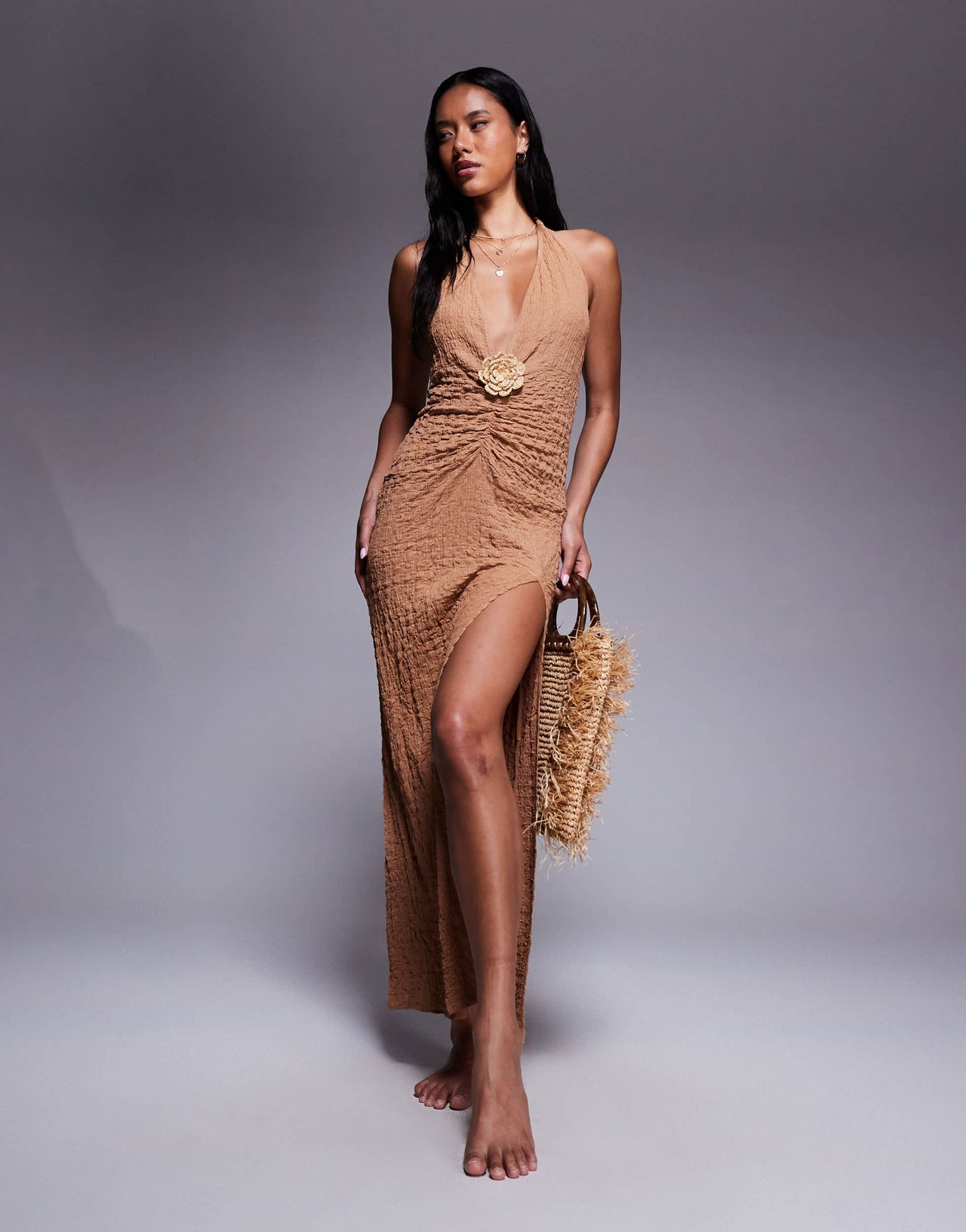 ASOS DESIGN Raffi plunge maxi beach dress in dark brown