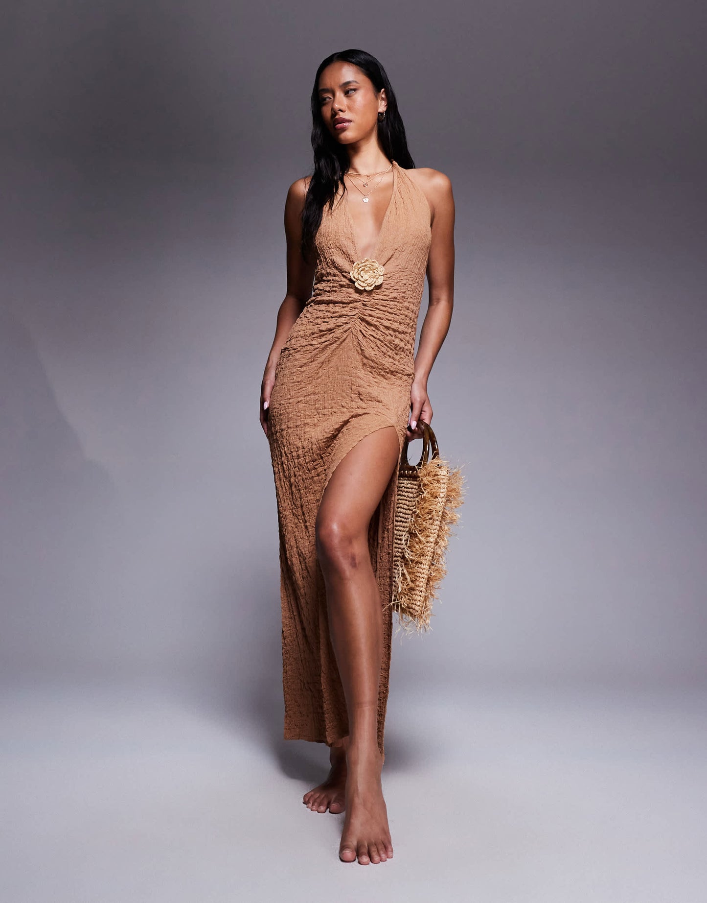 ASOS DESIGN Raffi plunge maxi beach dress in dark brown