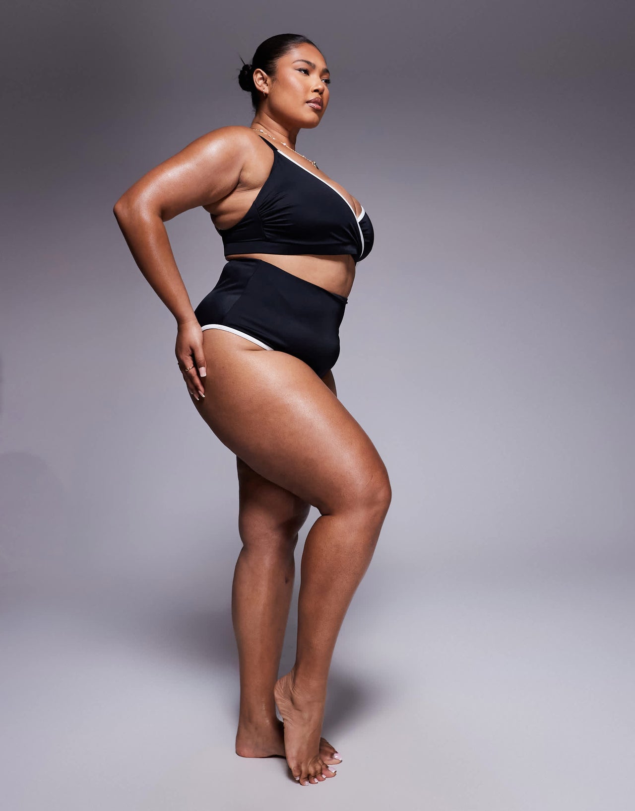 ASOS DESIGN Curve contrast binding high leg high waist bikini bottom in black