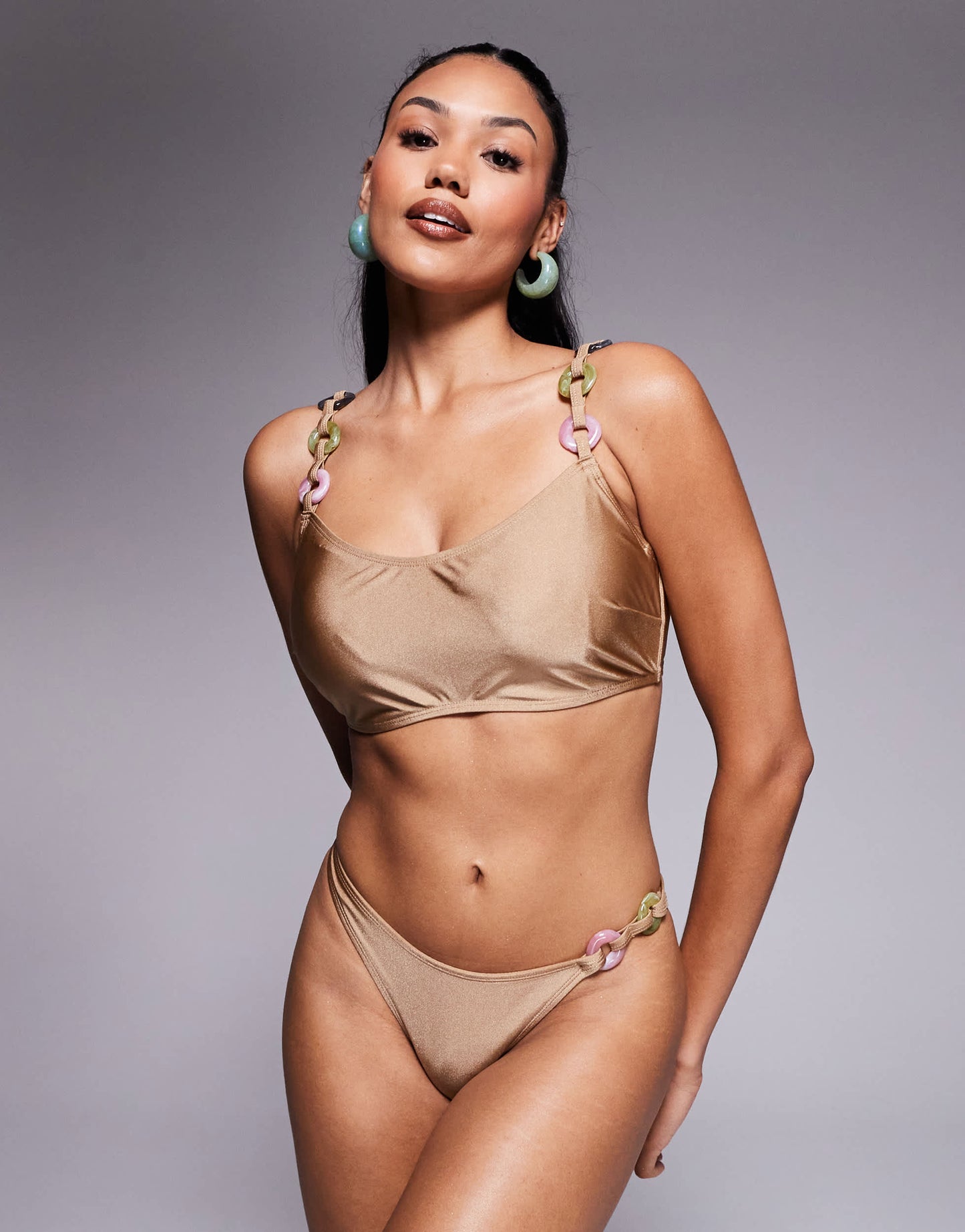 ASOS DESIGN Tina resin ring bikini bottom in brown