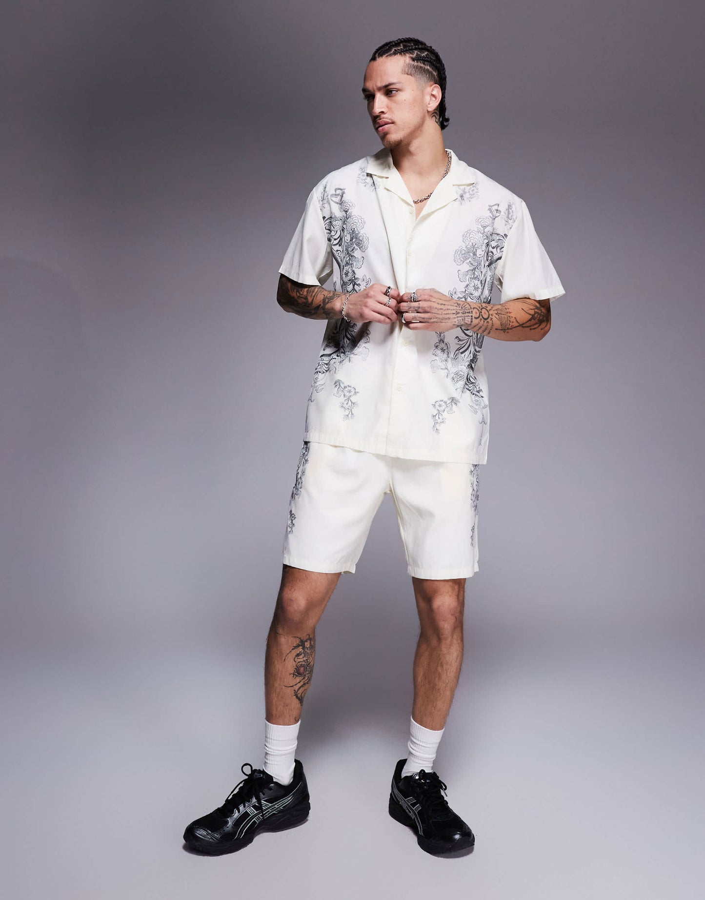 Liquor N Poker royal emblem print motif shorts co-ord in off white