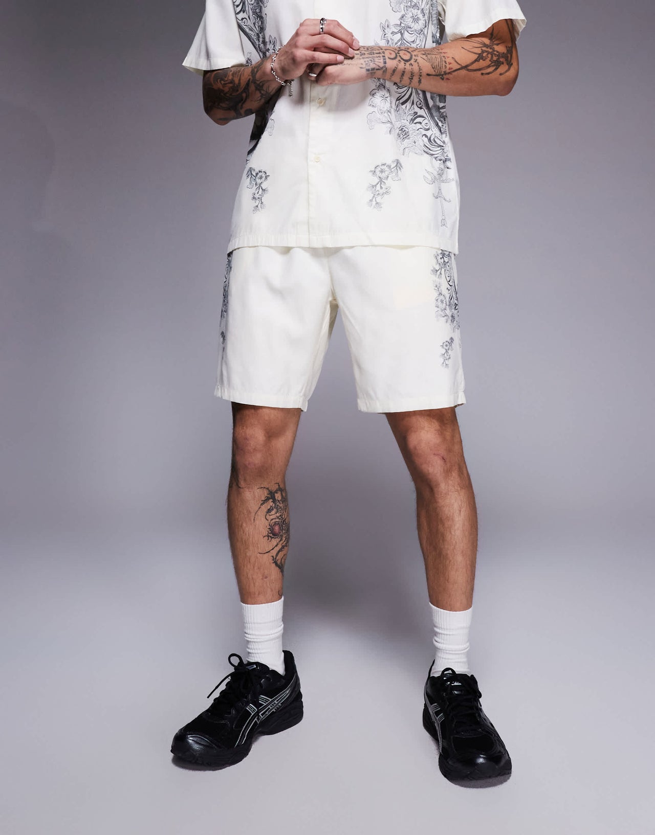 Liquor N Poker royal emblem print motif shorts co-ord in off white